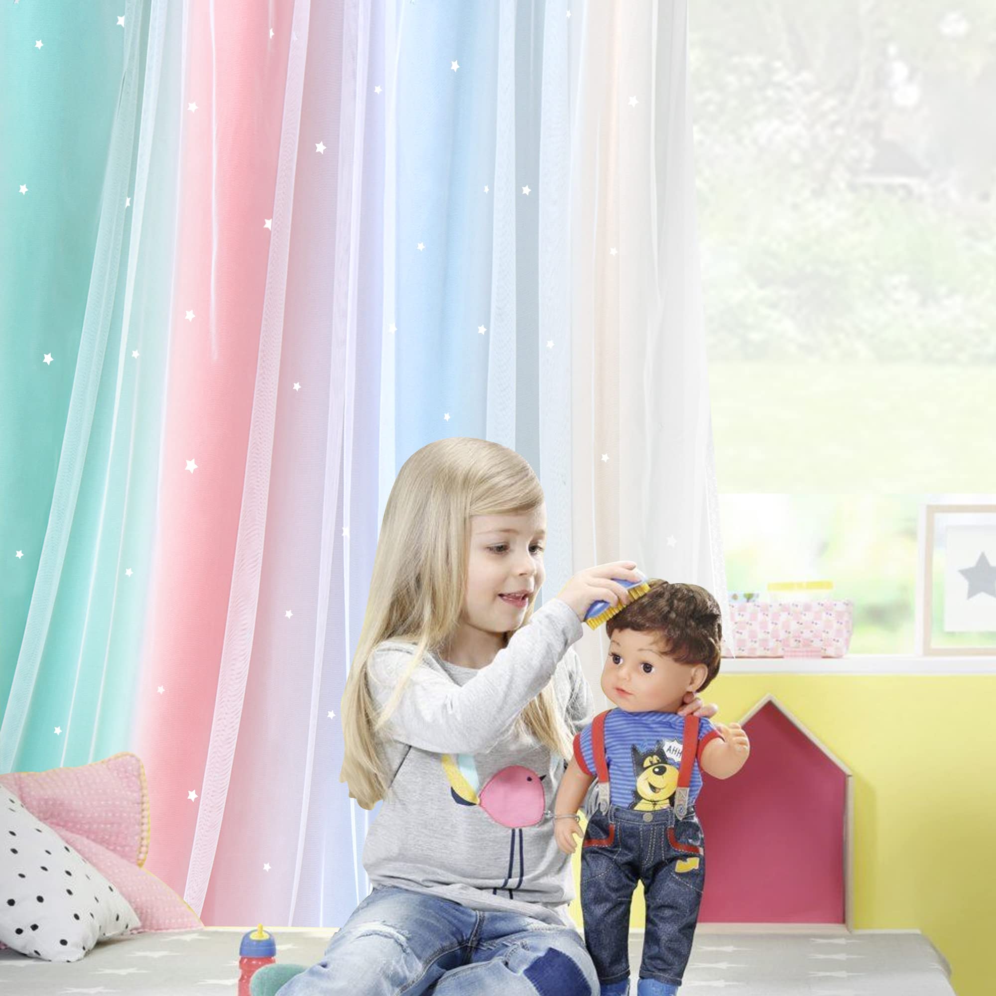 Cortinas de dormitorio infantil con diseño de estrella arcoíris – Cortinas de 2 capas con aislamiento térmico para sala de estar, beige/azul, 52 pulgadas de ancho x 84 pulgadas de largo, 2