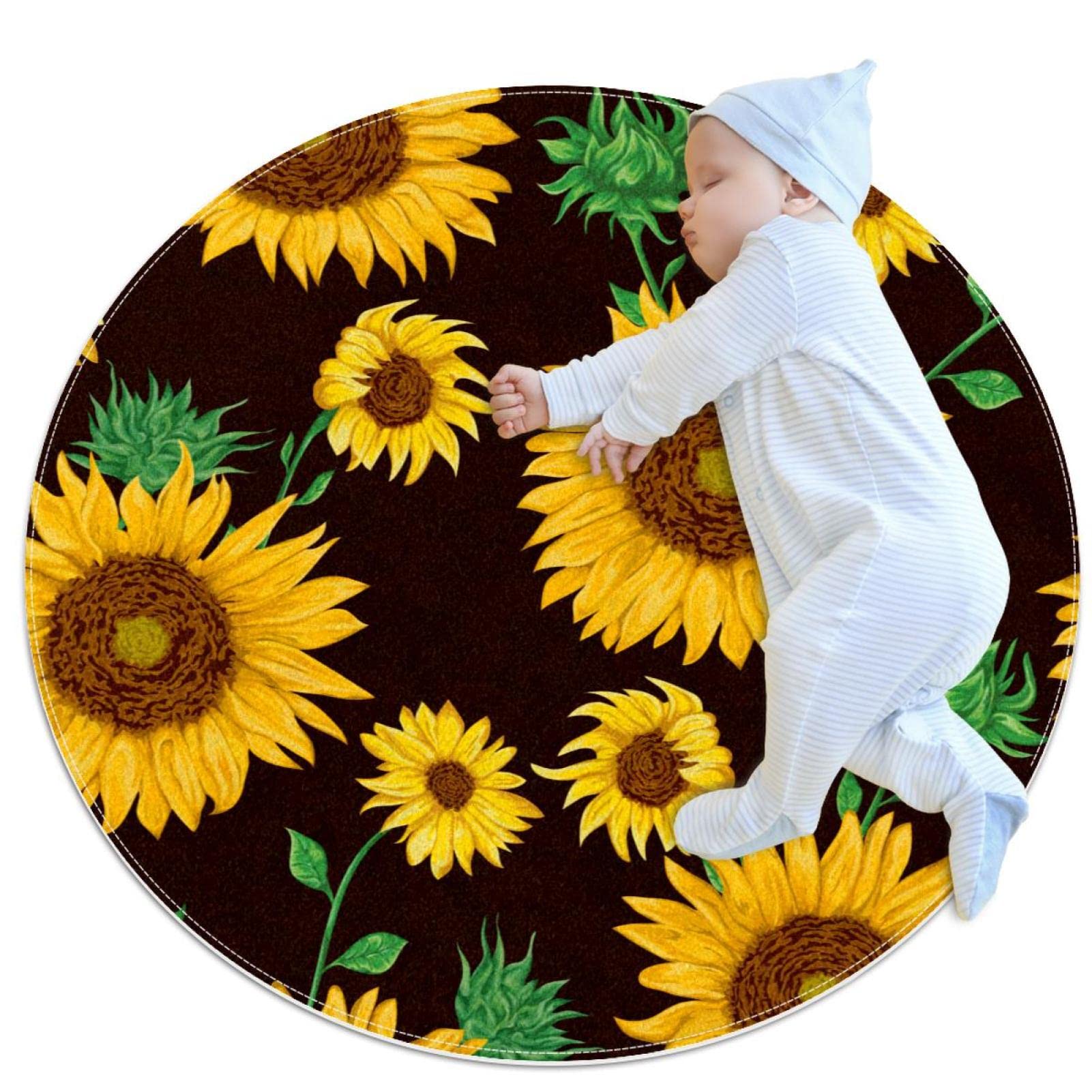 Tapis rond pour enfants filles garçons motif tournesol vintage 80x80cm pour déco chambre bébé