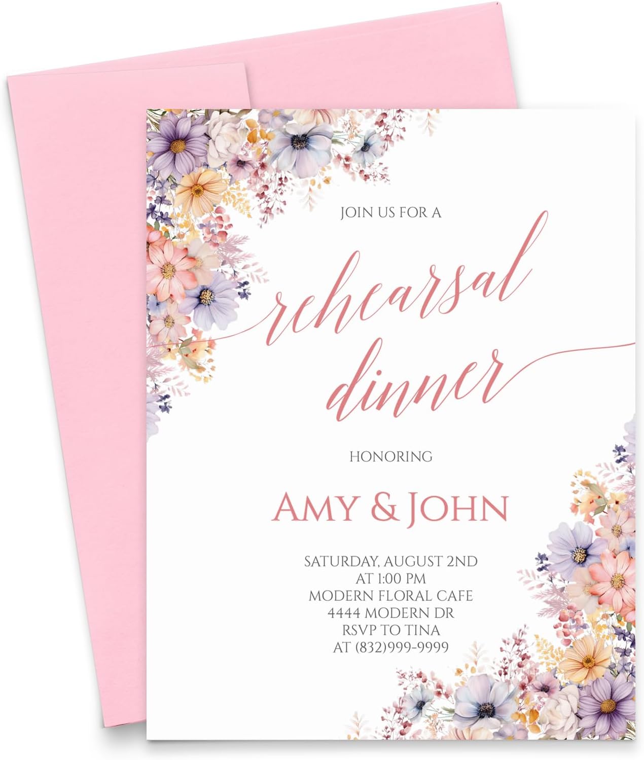 Classy Wildflower Rehearsal Dinner invitations Personalized Floral Rehearsal Dinner Invitation for Wedding Party, Modern Rehearsal Dinner Invite, Your choice of Quantity and Envelope Color