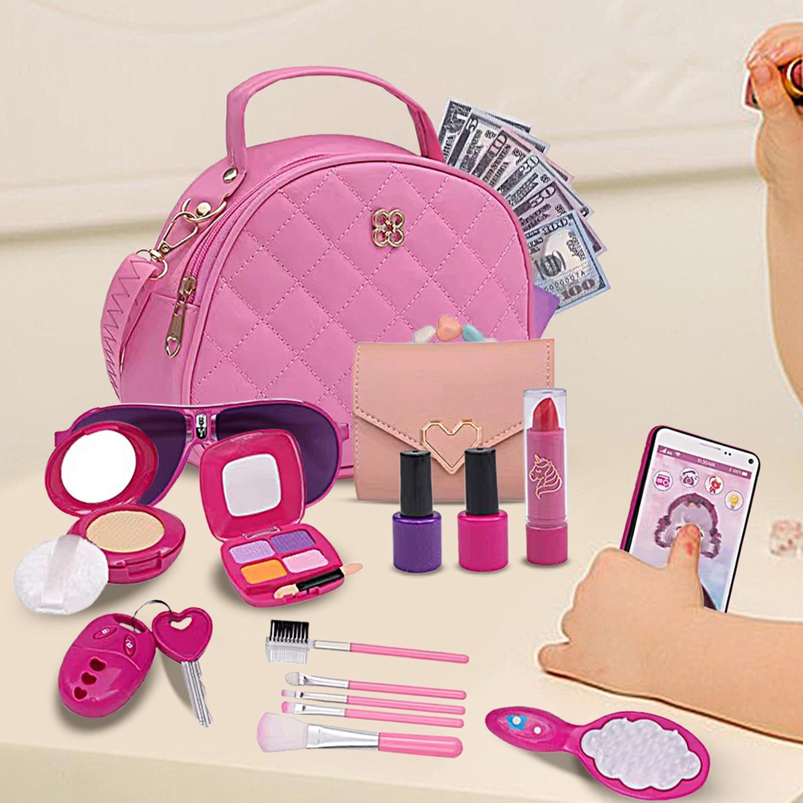 Monedero de Juego para niños pequeños, Monedero de con Accesorios - Juego de Juguetes 27X | Juguetes de Maquillaje para Juegos de simulación, Que Incluyen Billetera, teléfonos, Gafas de