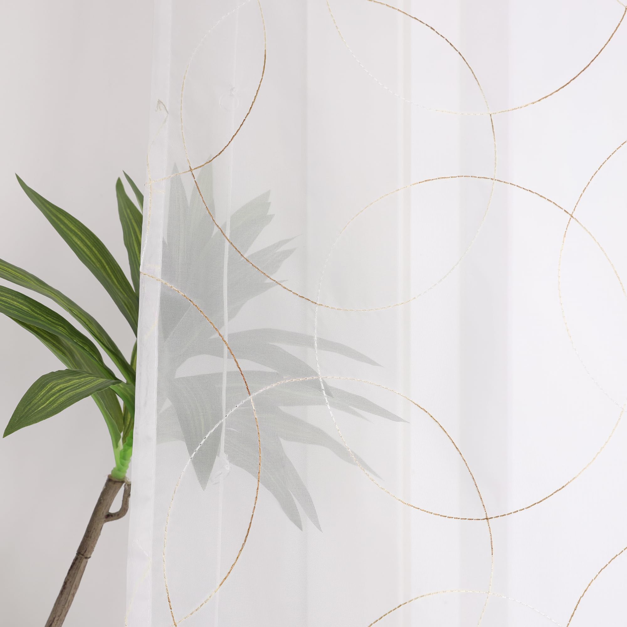 ESLIR Raffrollo Weiß Raffgardine mit Klettband Voile Gardinen Küche Transparent Bändchenrollo Modern mit Stickerei in Kreis-Muster Braun BxH 140x140cm 1 Stück