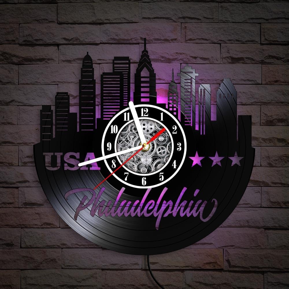 The Geeky Days Philadelphian Skyline LED Illuminated Vinyl Record Wall Clock Philly Cityscape Luminous Artwork Pennsylvania Glowing Night Light Wall Clock USA Travel Home Decor Illuminated Timepieces