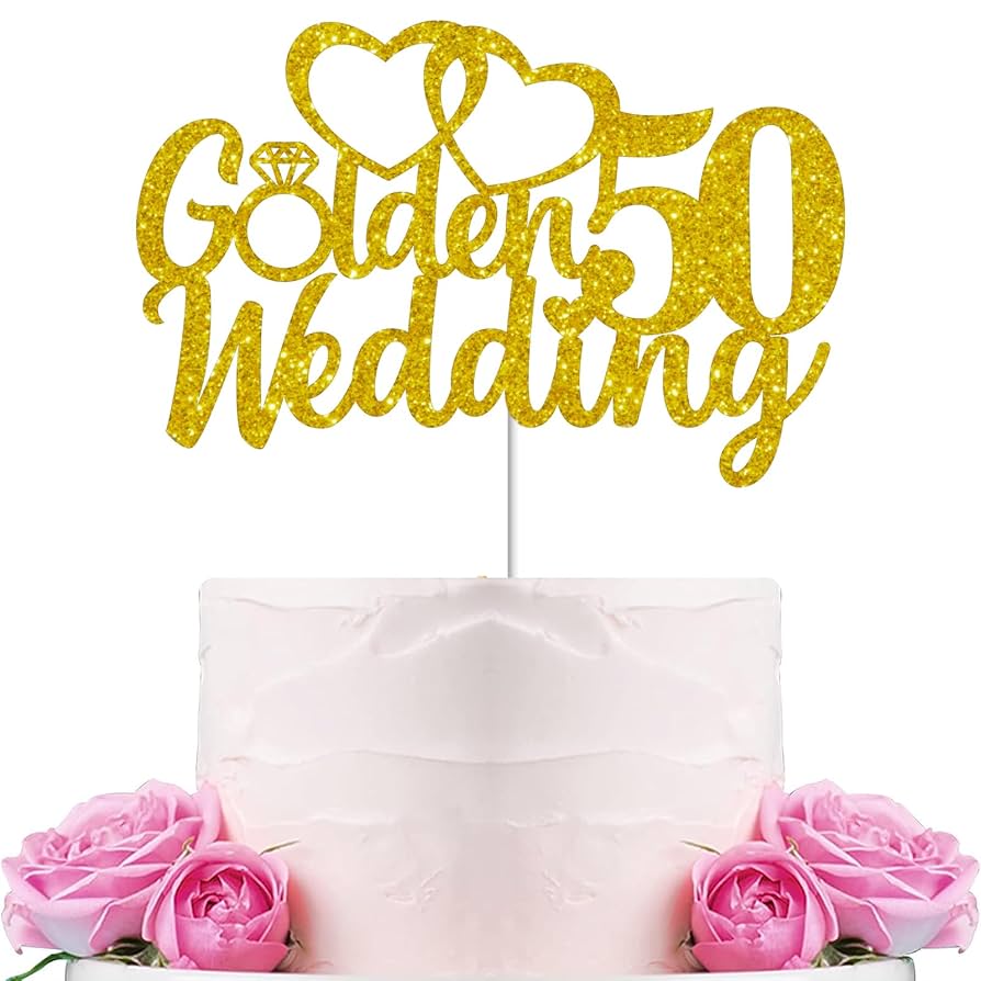 Gyufise 50th Wedding Anniversary Cake Toppers With Heart Cupcake Toppers Gold Glitter 50th Golden Weddding Anniversary Heart Cake Decoration For