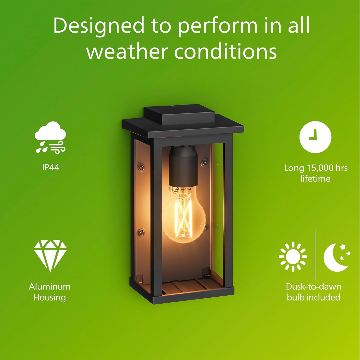 Philips Mirth Outdoor Wall Light, IP44 Weather Resistant, Dusk to Dawn, Bright Light 800 lm, Warm White Light 2700 K, Built to Last, E26 LED Bulb Included, 2 Lights