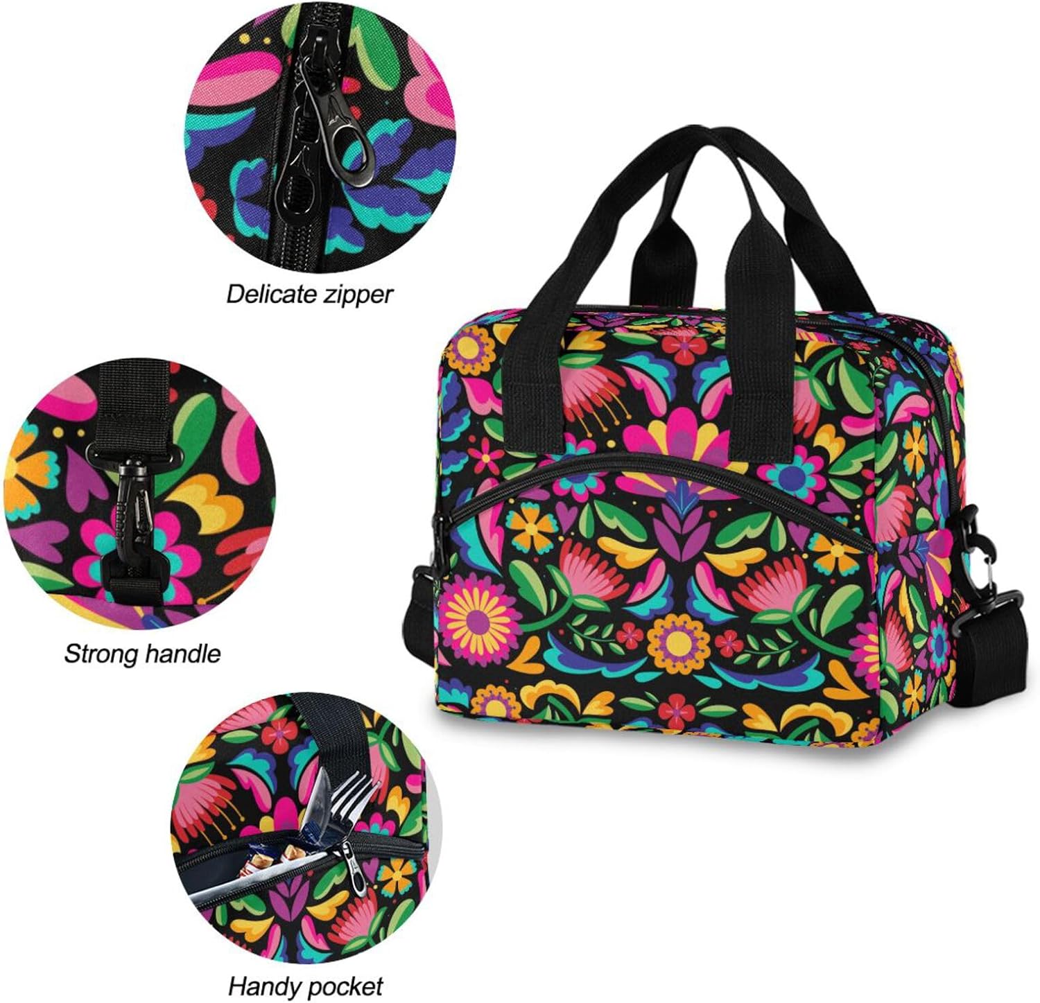 Reusable Lunch Bag Mexican Floral Insulated Lunch Box Cooler Tote Removable Shoulder Strap Meal Picnic Bags for Outdoor Travel Office Work