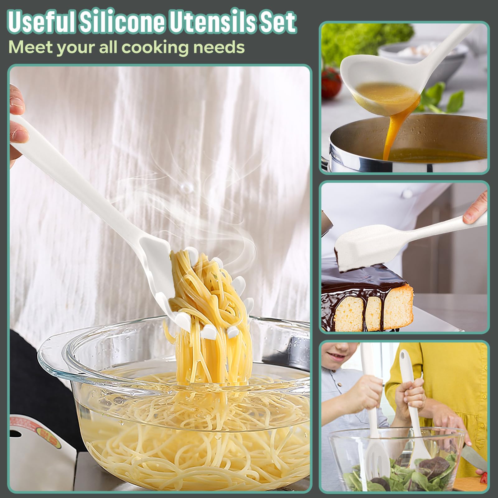 E-far Juego de utensilios de cocina de silicona, juego de 7 piezas de utensilios de cocina resistentes al calor, antiadherentes, espátula, cucharón, cucharón, servidor de pasta para utensilios de