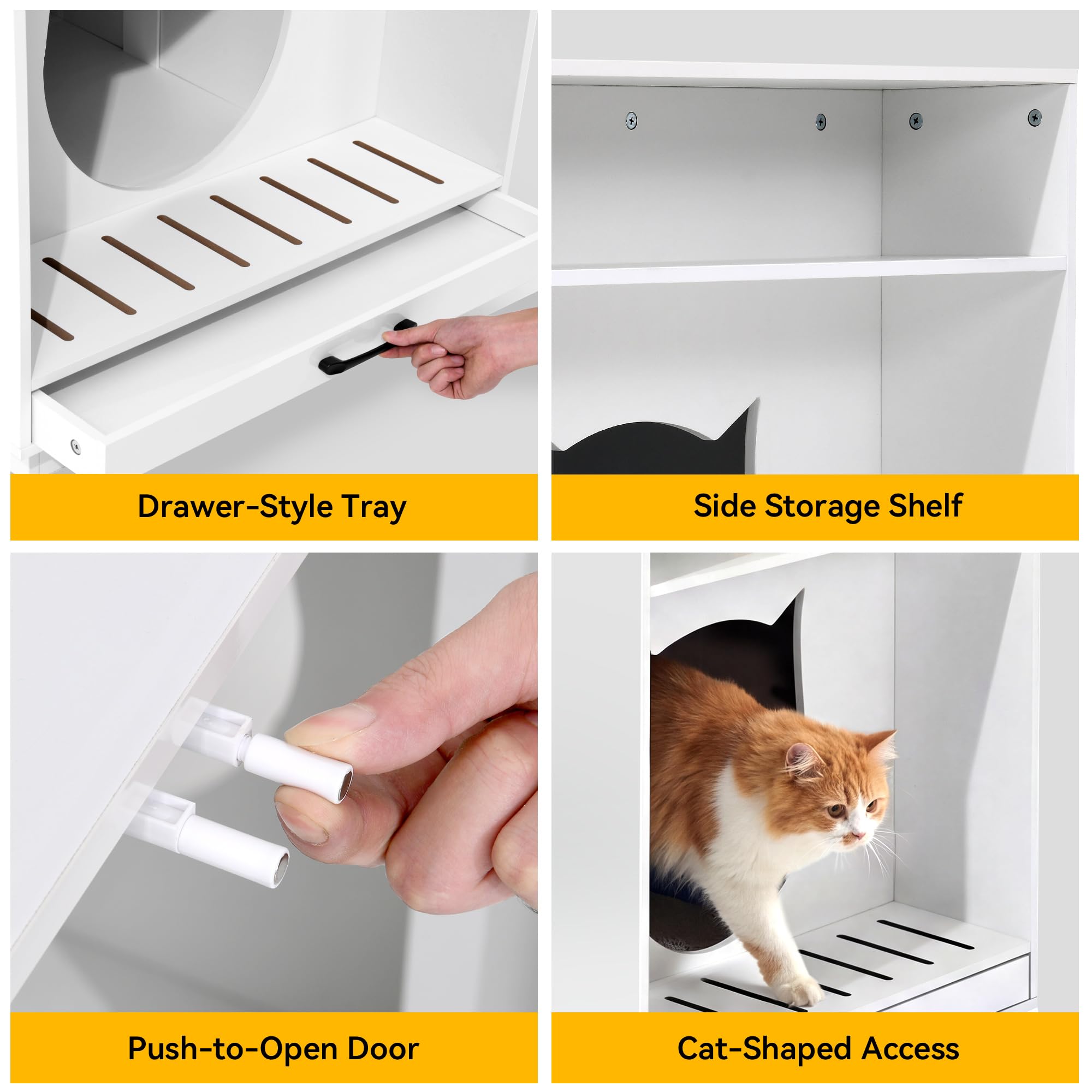 Large Hidden Litter Box Furniture with Led Light & Power Outlets, Modern Cat Litter-Box Enclosure for Self-Cleaning Litter Boxes, Indoor Wooden Storage Cat Cabinet, High-Gloss White - image 7