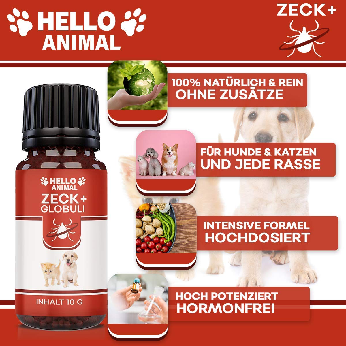 Hello Animal ZECK+ - Píldoras de 10 g, protección contra garrapatas, gato y perro, apoyo vegetal para el tiempo de las garrapatas, dosificación fácil, alimento complementario natural para animales