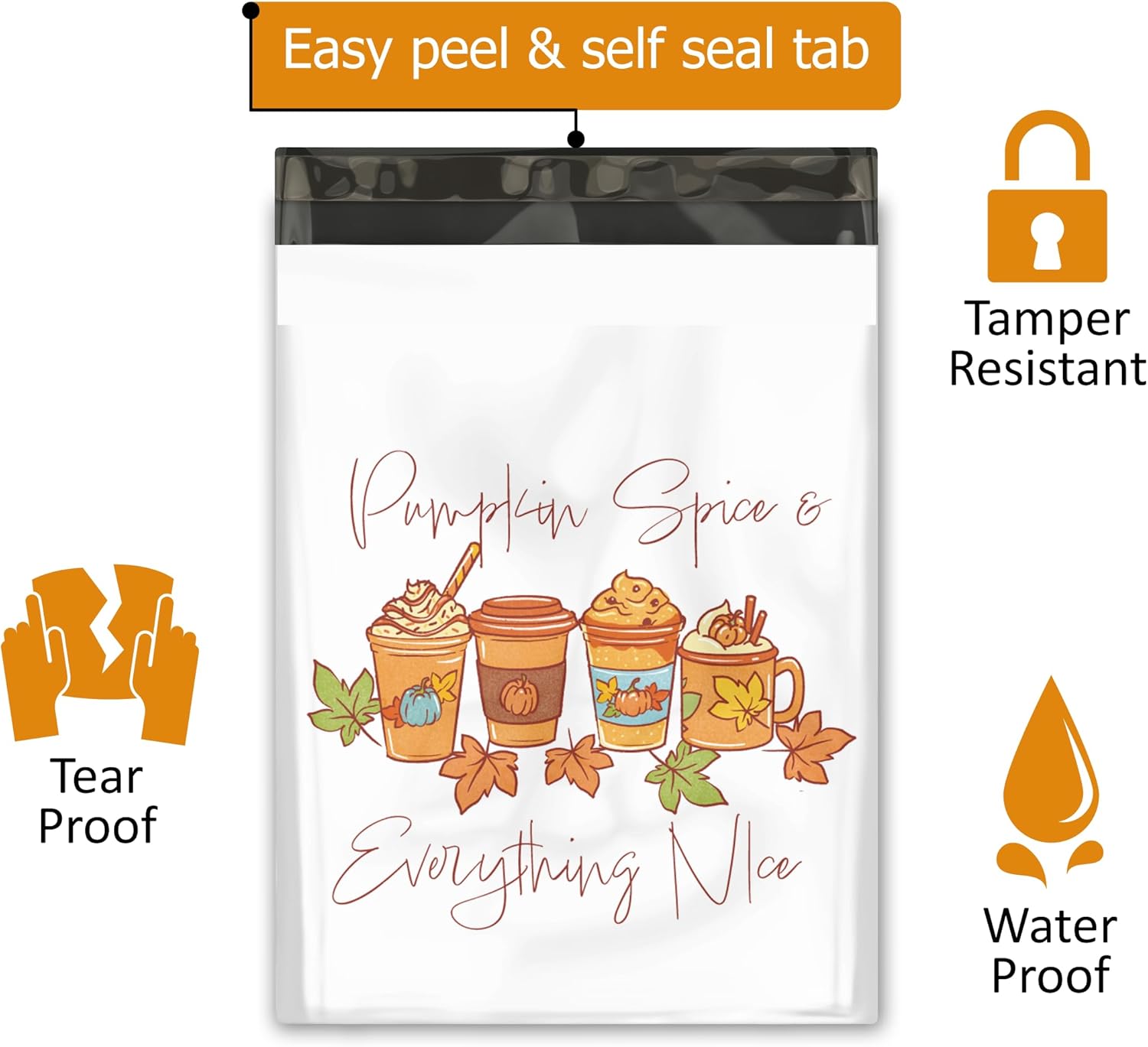 10x13 (100) Fall Poly Mailers - Pumpkin Spice Mailers - Thanks a Latte Fall Designer Waterproof Self Sealing Tear Resistant Polymailers Shipping Envelopes Premium Printed Bags For Small Businesses