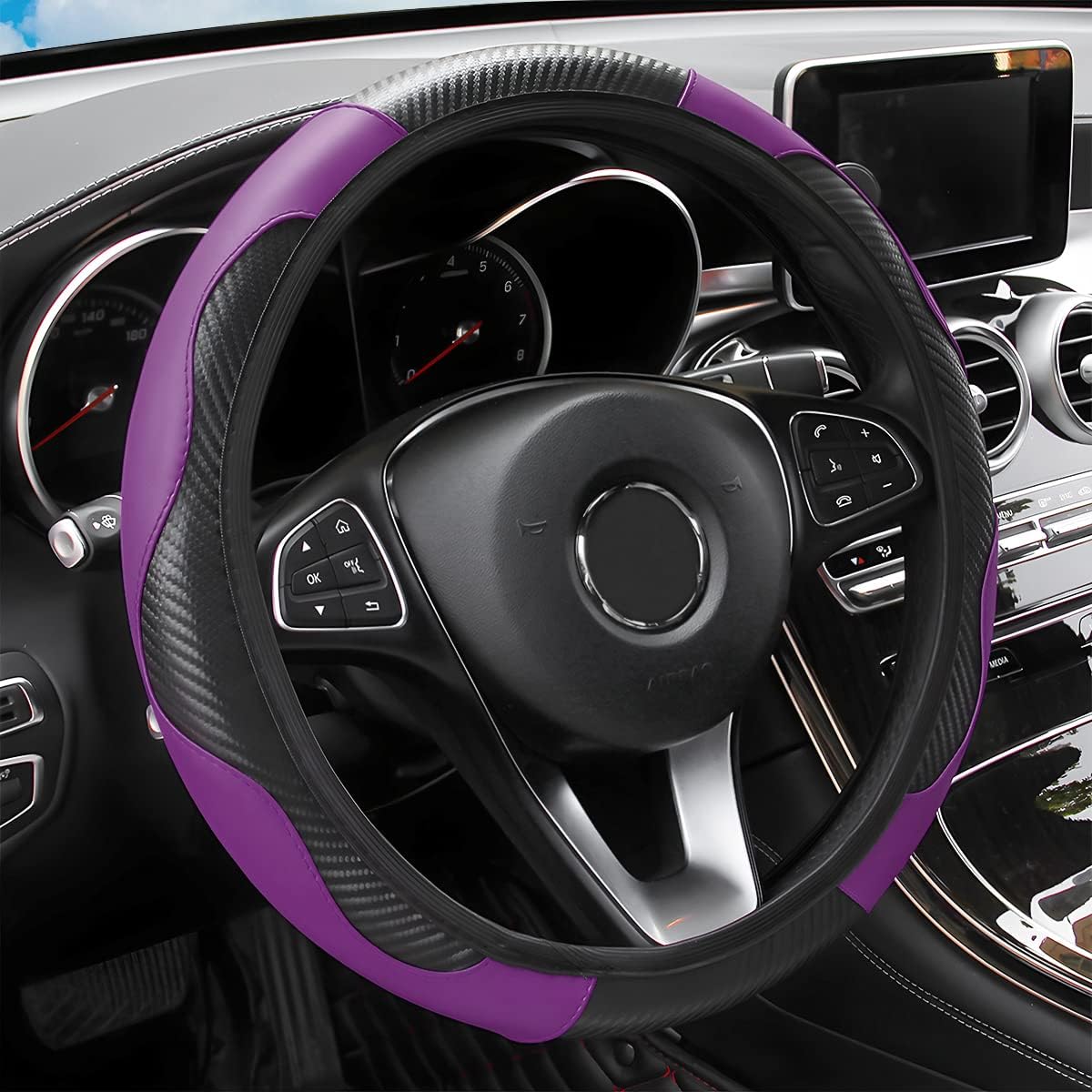 15 Inch Car Steering Wheel Cover, Carbon Fiber Microfiber Leather Elastic Stretch, Anti-Slip Breathable Steering Wheel Protector for Women Men, Car Accessories for SUV, Truck, Van (Black/Purple) : Automotive
