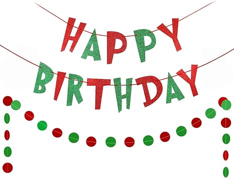 Red and Green Christmas Happy Birthday Banner and Christmas Hanging Swirls Xmas Balloons, Xmas Birthday Banner Party Decorations