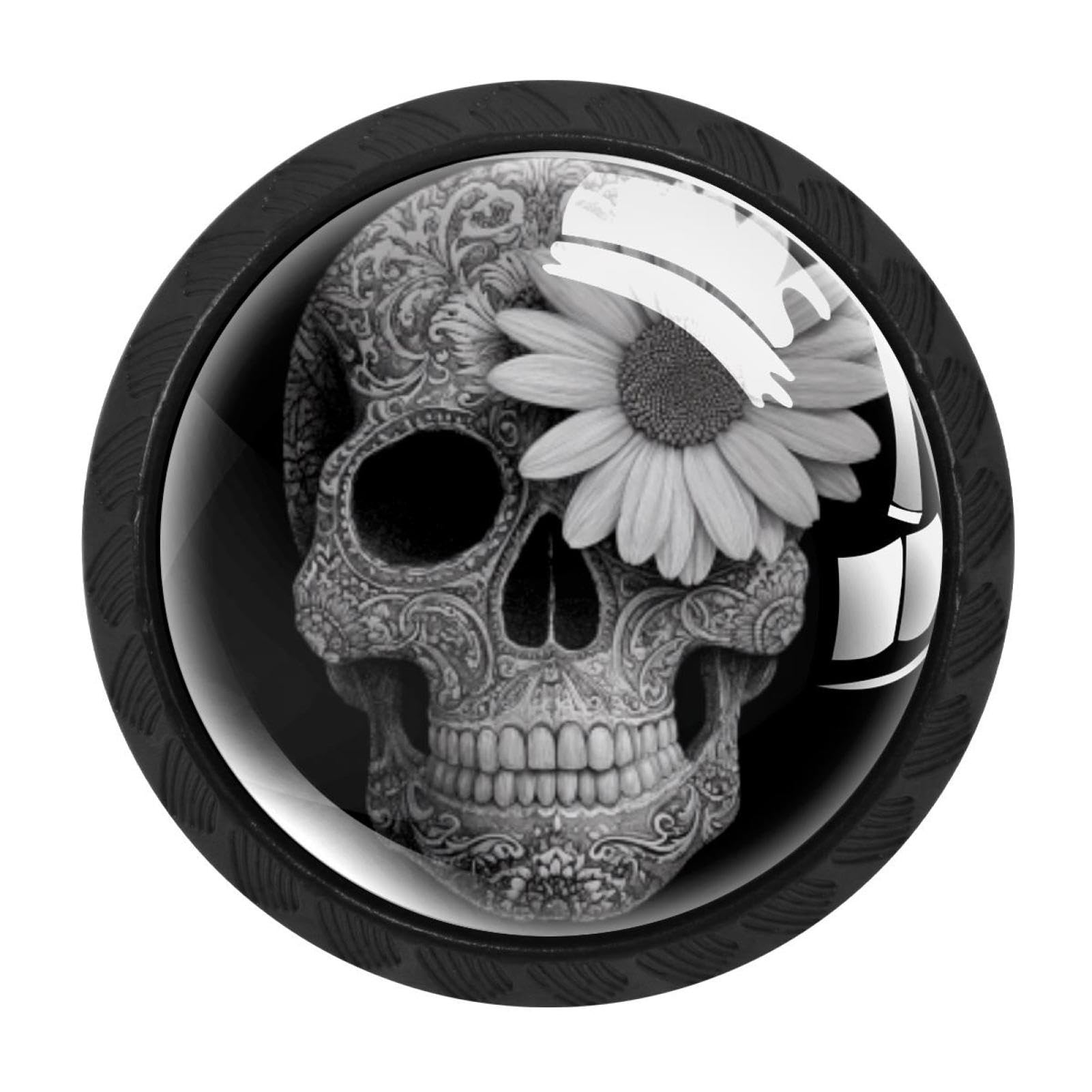 CHENZZZZ Sugar Skull Daisy (2) Colorful Drawer Pulls 4 Pcs Handle Glass Door Cabinet Knobs Home Office Kitchen Wardrobe Cupboard Hardware for Dresser Drawers