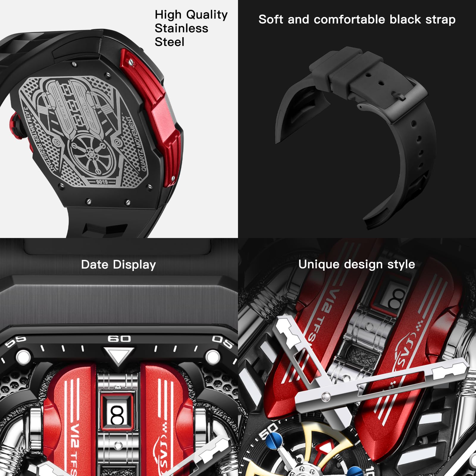 Mens Watches, Wrist Watches Luminous Design, Big Face Fashion Quartz Black Watch 30ATM, Casual Watch for Men Unique Gifts for Men — view 4