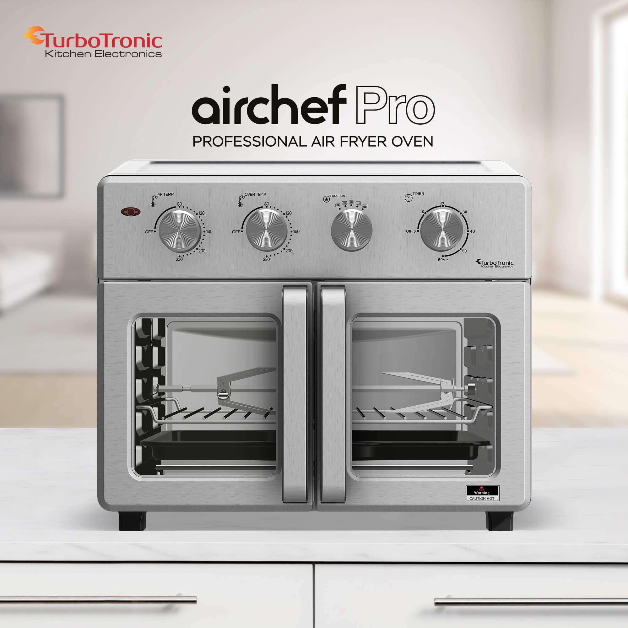 TurboTronic digitaler Heißluftofen - XXL 32 Liter mit Drehspieß für Hähnchen 4in1 Mini Backofen & Power Heißluftfritteuse Airfryer ab 80°C