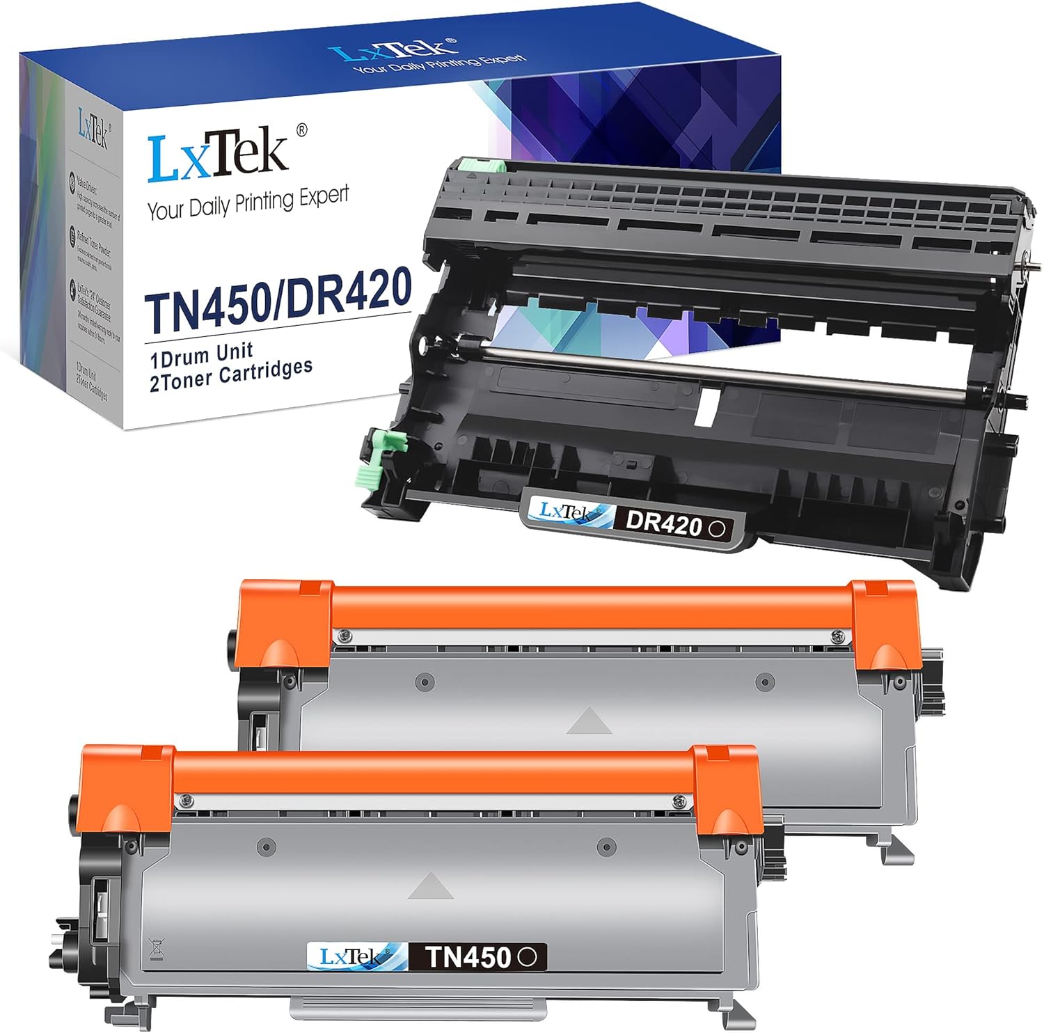 LxTek Compatible Toner Cartridge & Drum Unit Replacements for Brother TN450 TN-450 DR420 DR-420 to use with FAX-2940 FAX-2840 MFC-7240 HL-2270DW Printer (2 Toner Cartridges, 1 Drum Unit, 3 Pack)