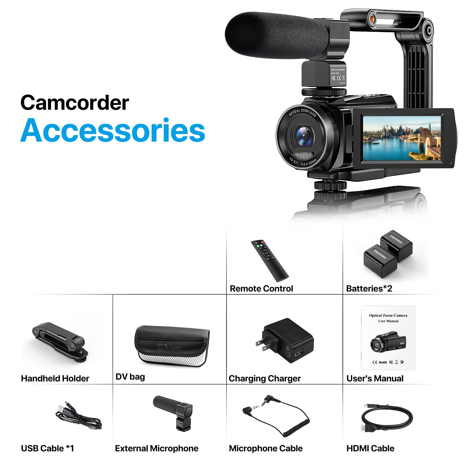 Video Camera, 5K Camcorder UHD 48MP WiFi Vlogging Camera for YouTube IR Night Vision Anti-Shake 16X Digital Zoom 3” Touch Screen Camera with Microphone,Handheld Stabilizer,Lens Hood,Remote,2 Batteries