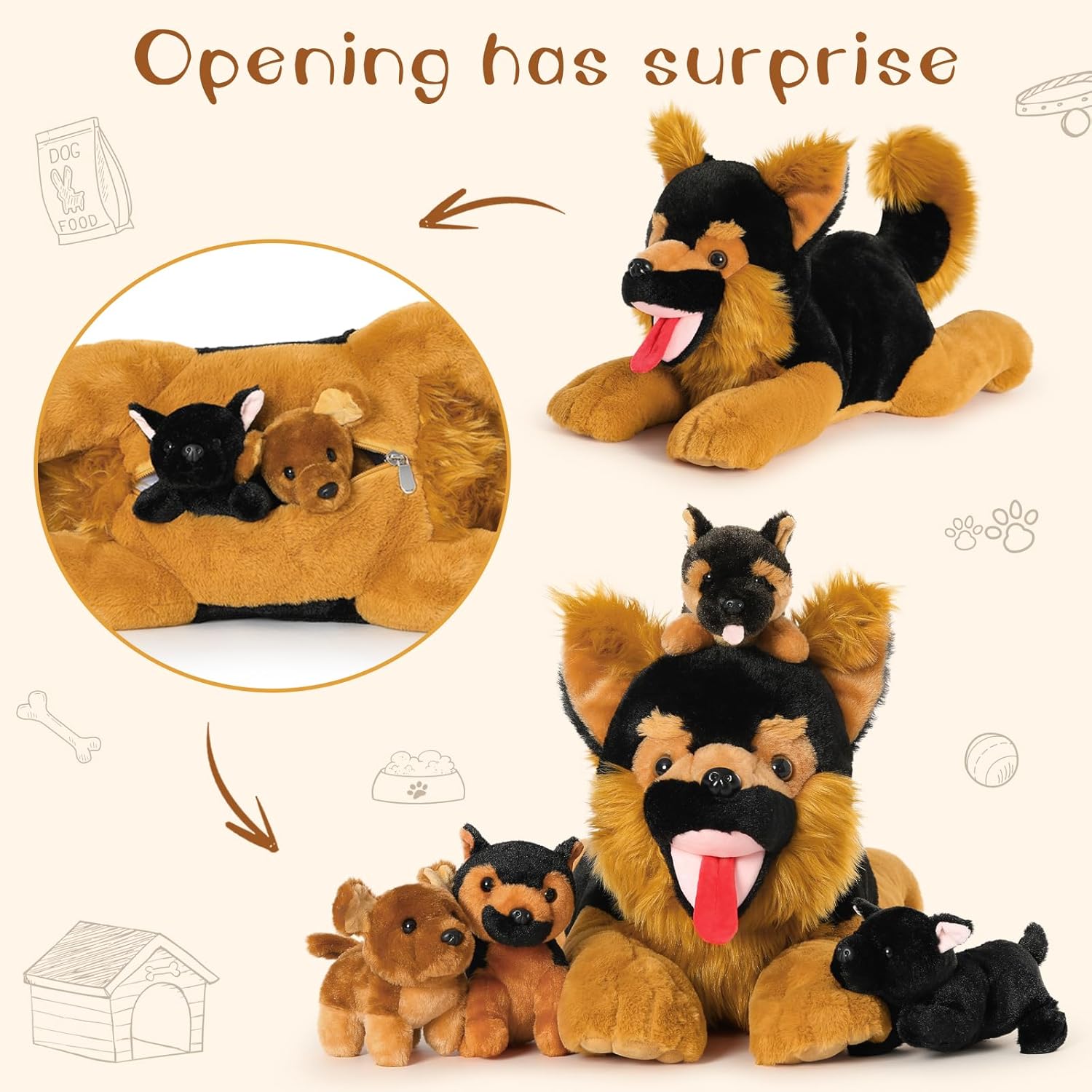 MaoGoLan 5Pcs Giant German Shepherd Dog Plush Toys with 4 Babies, Realistic Soft and Cuddly Stuffed Dog Puppies for Kids, Puppy Lovers