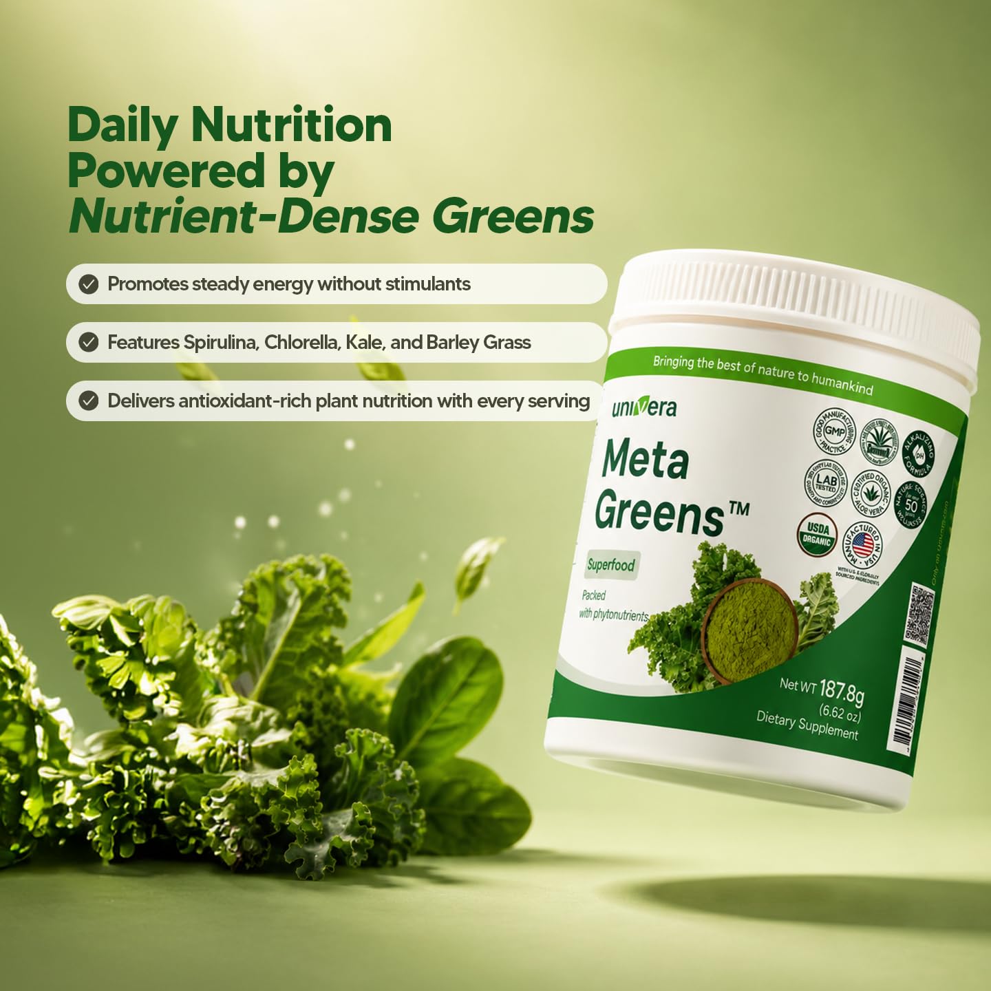 Metagreens, Organic Green Powder Superfoods Blend, 1200mg Organic Spirulina, Vital Antioxidants, Alkalize, Vegan, Vibrant Health Blend, 30-Day Supply. — Amazon image 3