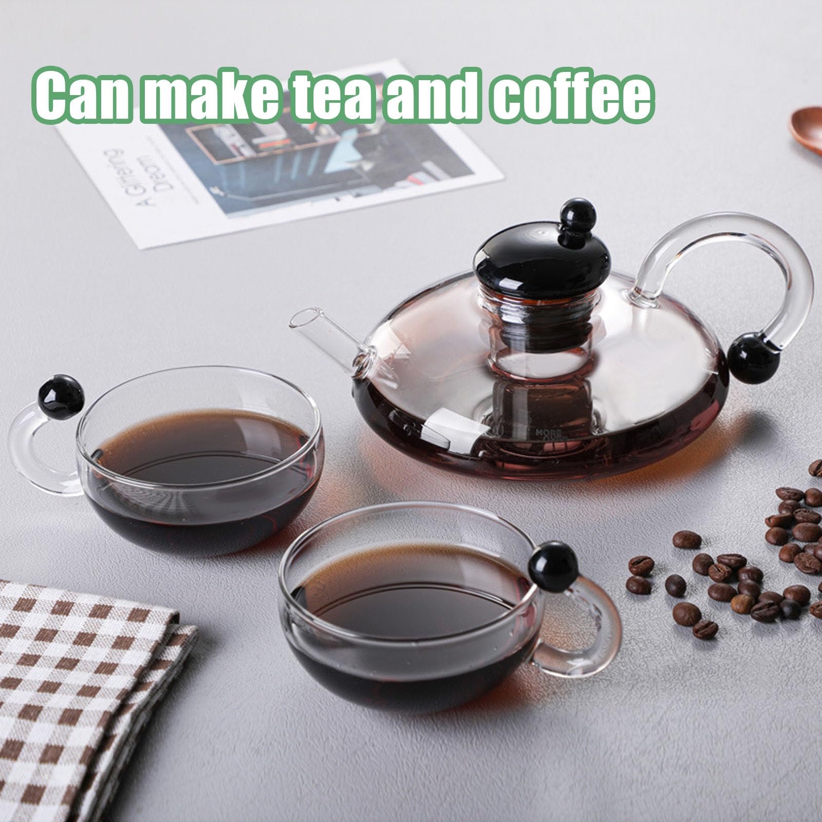 Tetera de doble cristal con infusor extraíble Incluye 1 tetera de cristal con infusor 2 tazas de espresso(Gray+Pearl Cup)