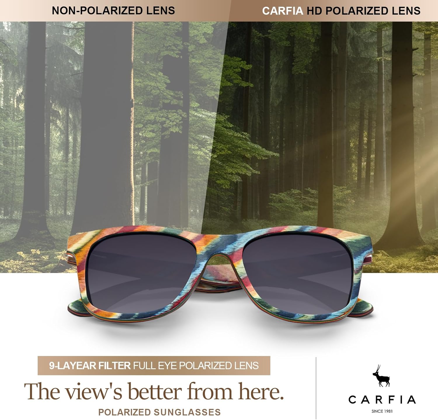 CARFIA Wood Polarized Sunglasses for Men and Women UV400 Protection Retro Square Shades for Driving