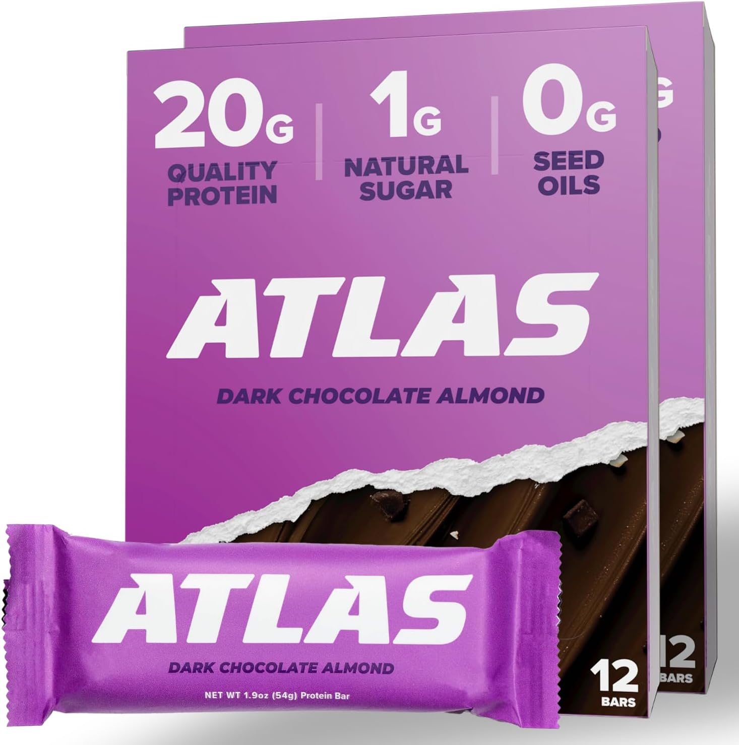 Atlas Bar – 20g Protein, 1g Sugar, 0g Seed Oils, 0g Artificial Sweeteners (Dark Chocolate Almond) (24 Count, Dark Chocolate Almond)