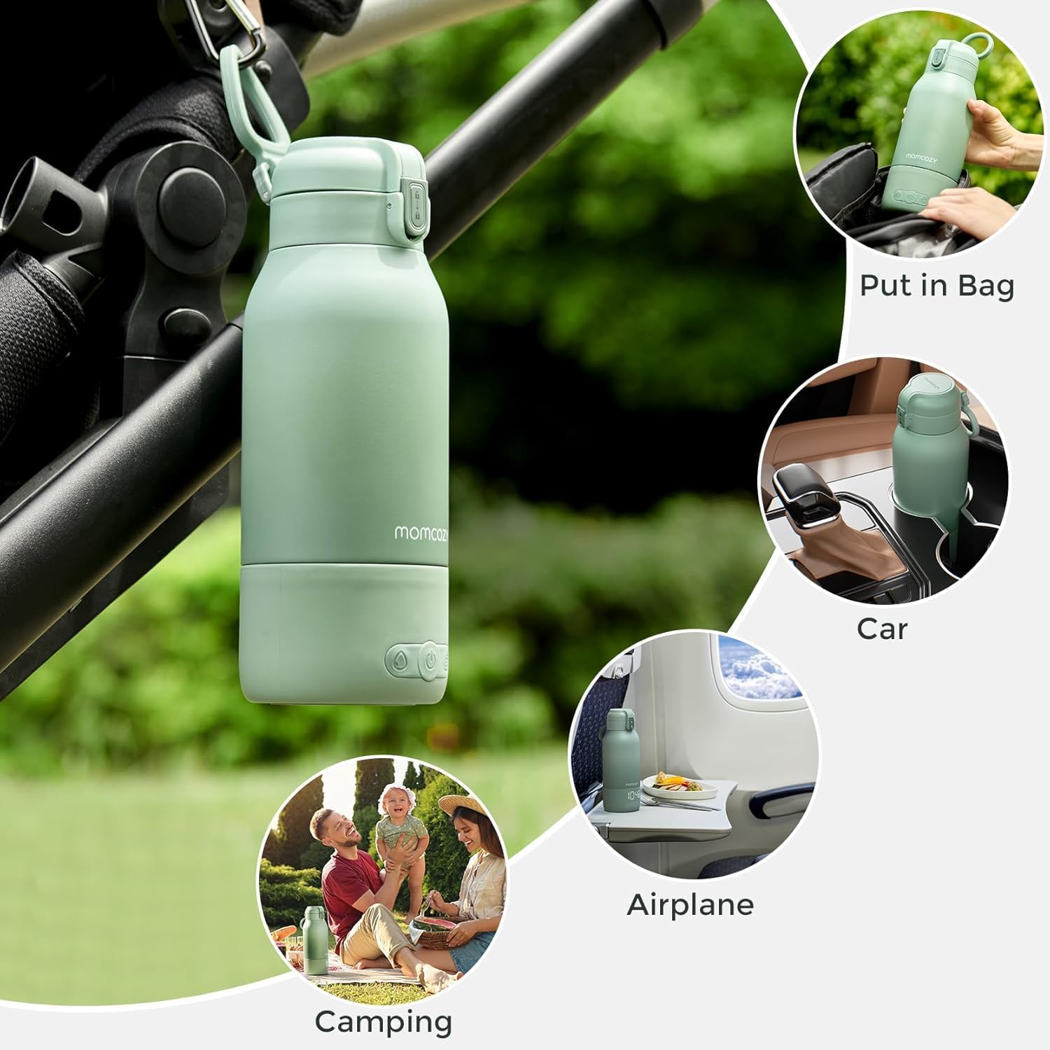 Momcozy MW05 przenośny podgrzewacz do butelek dla niemowląt, pojemność 500 ml + 24 x użycie/akumulator, z certyfikatem TÜV-CE, szybkie nagrzewanie w 3 minuty, zielony