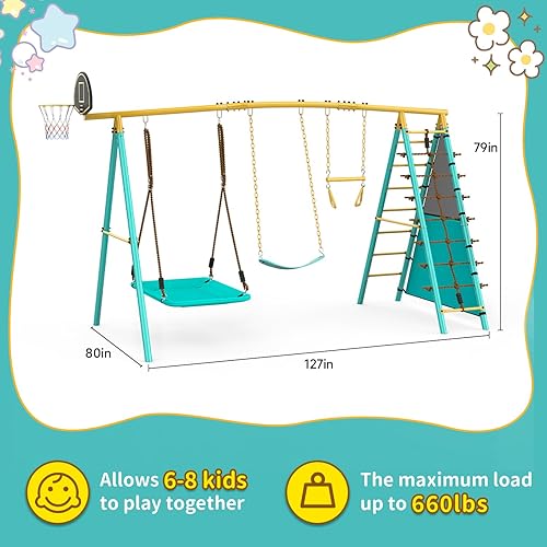 Miniatura 6 de Juego de columpios para patio trasero, juegos de columpio de metal resistente para niños con 2 columpios, escalera de escalada y redes, barra de