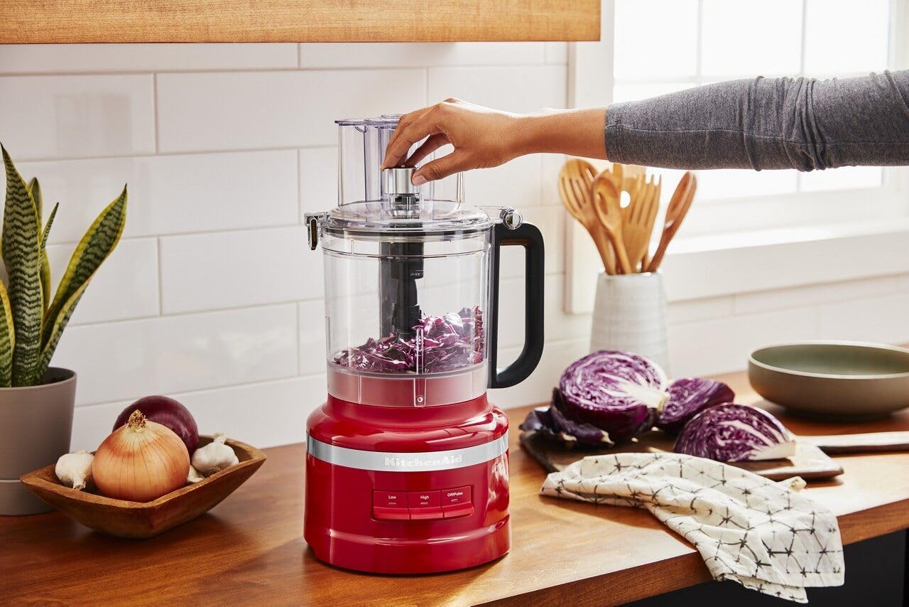 KitchenAid Food Processor in use, processing red cabbage