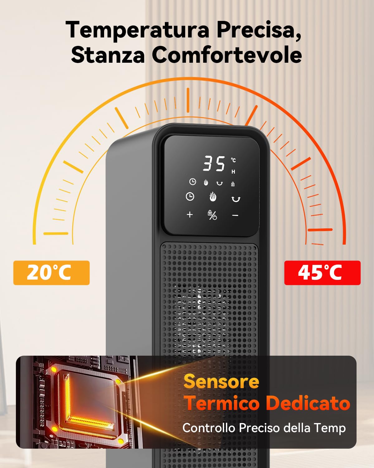 Stufa Elettrica Basso Consumo 2200W, Termoventilatore PTC con 3 Modalità (ECO/Fiamma), Termostato 20-45℃, Timer 12H, Oscillante 70°, Sicurezza Surriscaldamento/Ribaltamento, Telecomando per Casa,Bagno