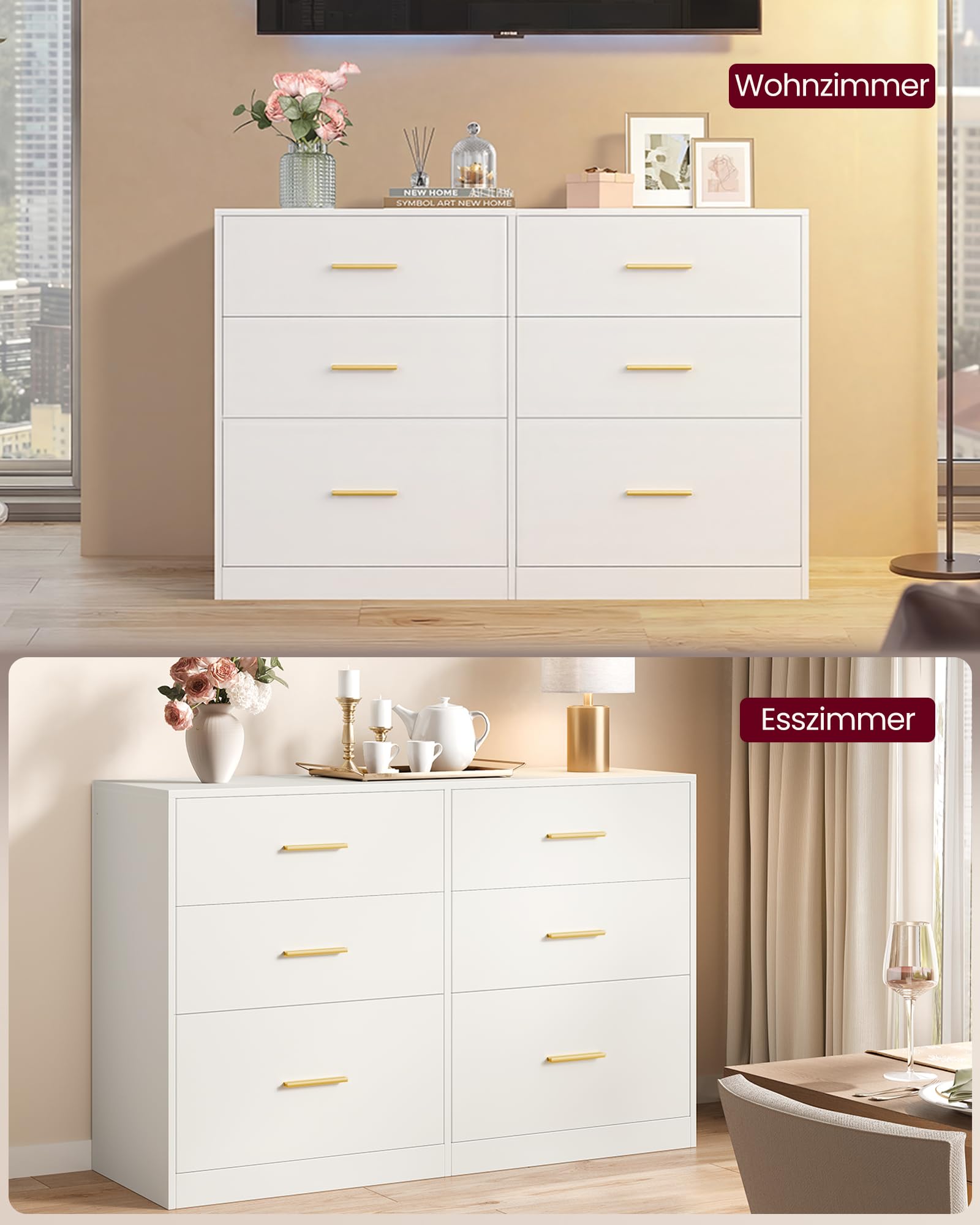 VASAGLE Custos Kollektion - Kommode, Kommodenschrank, modern, Sideboard, Aufbewahrungsschrank, für Wohnzimmer, Schlafzimmer, 6 Schubladen, 40 x 119 x 78 cm, wolkenweiß LTS416WB01