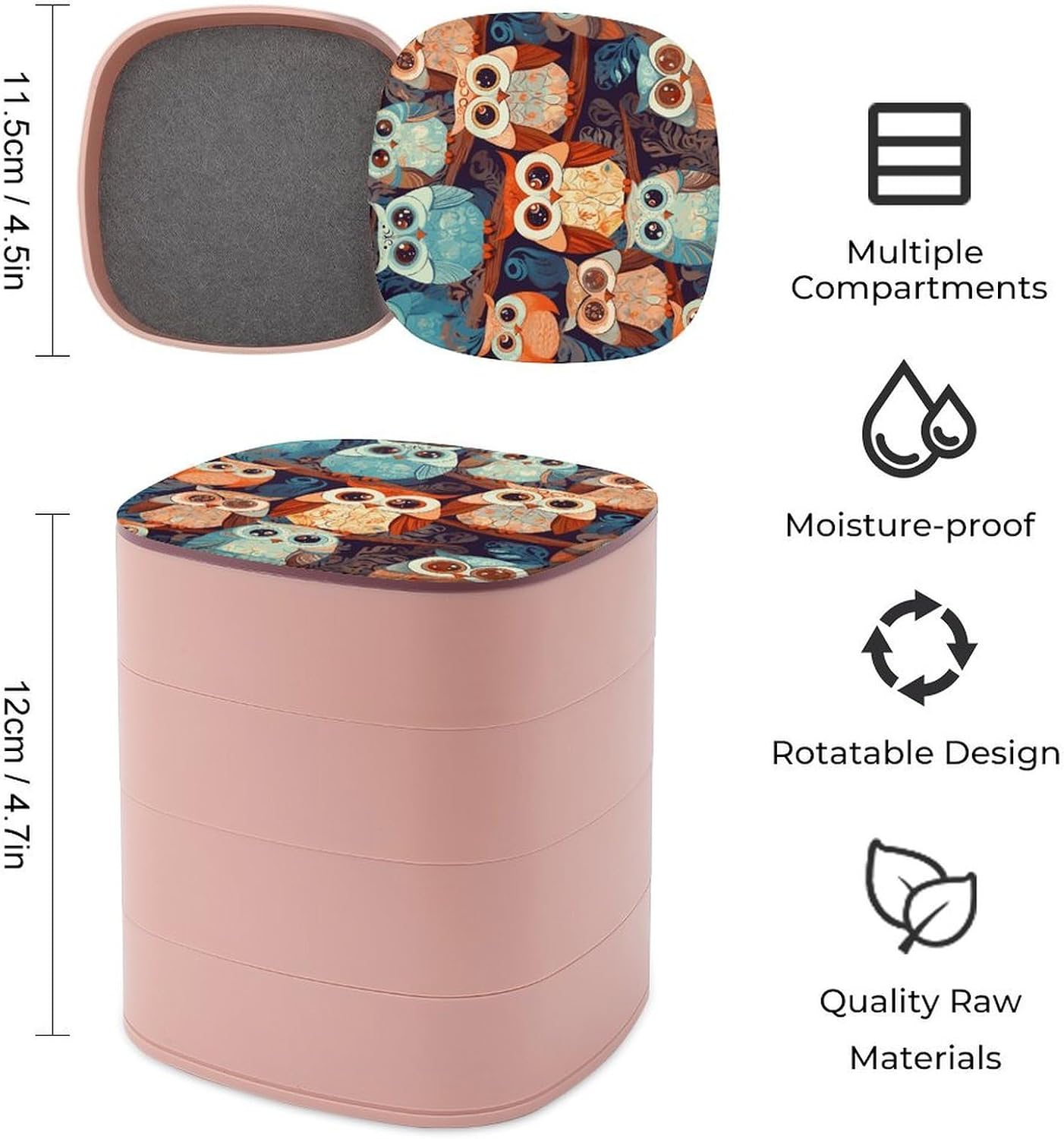Anime Owl Jewelry Box with Mirror 4-Layer Rotating Jewelry Tray Case Exquisite Jewelry Organizer Travel Jewelry Case Trinket Boxes for Earrings Necklace Storage Box image 2