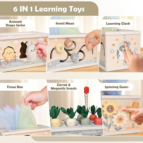 Miniatura 2 de DINORUN Caja de pañuelos para bebé, juguetes para bebés de 18 meses, 2, 3, 4 años, juguetes Montessori para bebés de 18 meses con arrugado, cubo de