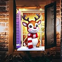 Vista 8 de Cubierta de ventana de Navidad de 31 x 47 pulgadas, cubierta de ventana de escena de reno de Papá Noel con guirnalda, panel de pared de bosque