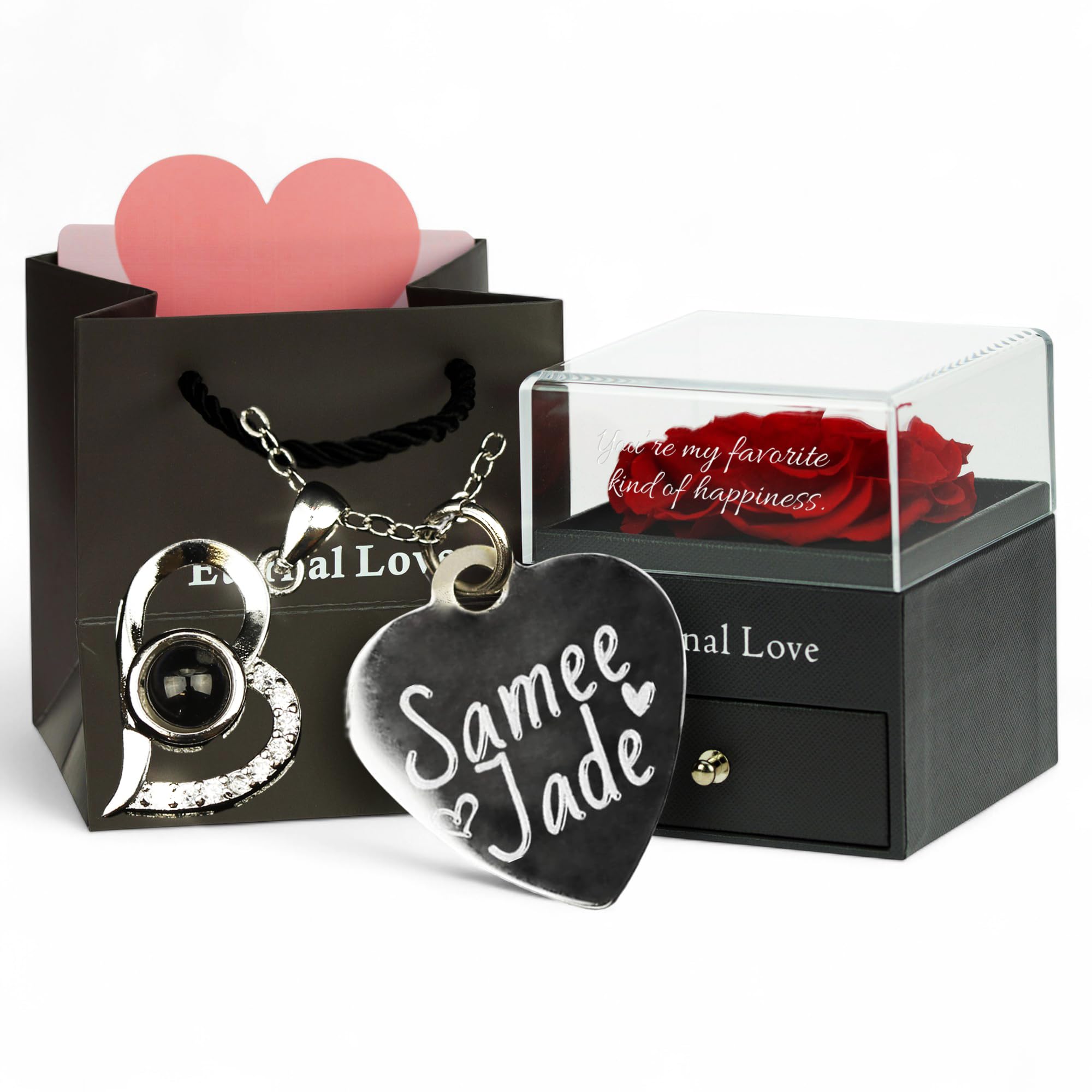 Eliphs Text Engraved Only Personalised Preserved Real Rose Eternal Photo Engraved Pendent, Gift Box Forever Rose Gifts For Her Girlfriend Mother Valentine's Day, Mother's Day (Text Engraved Only)