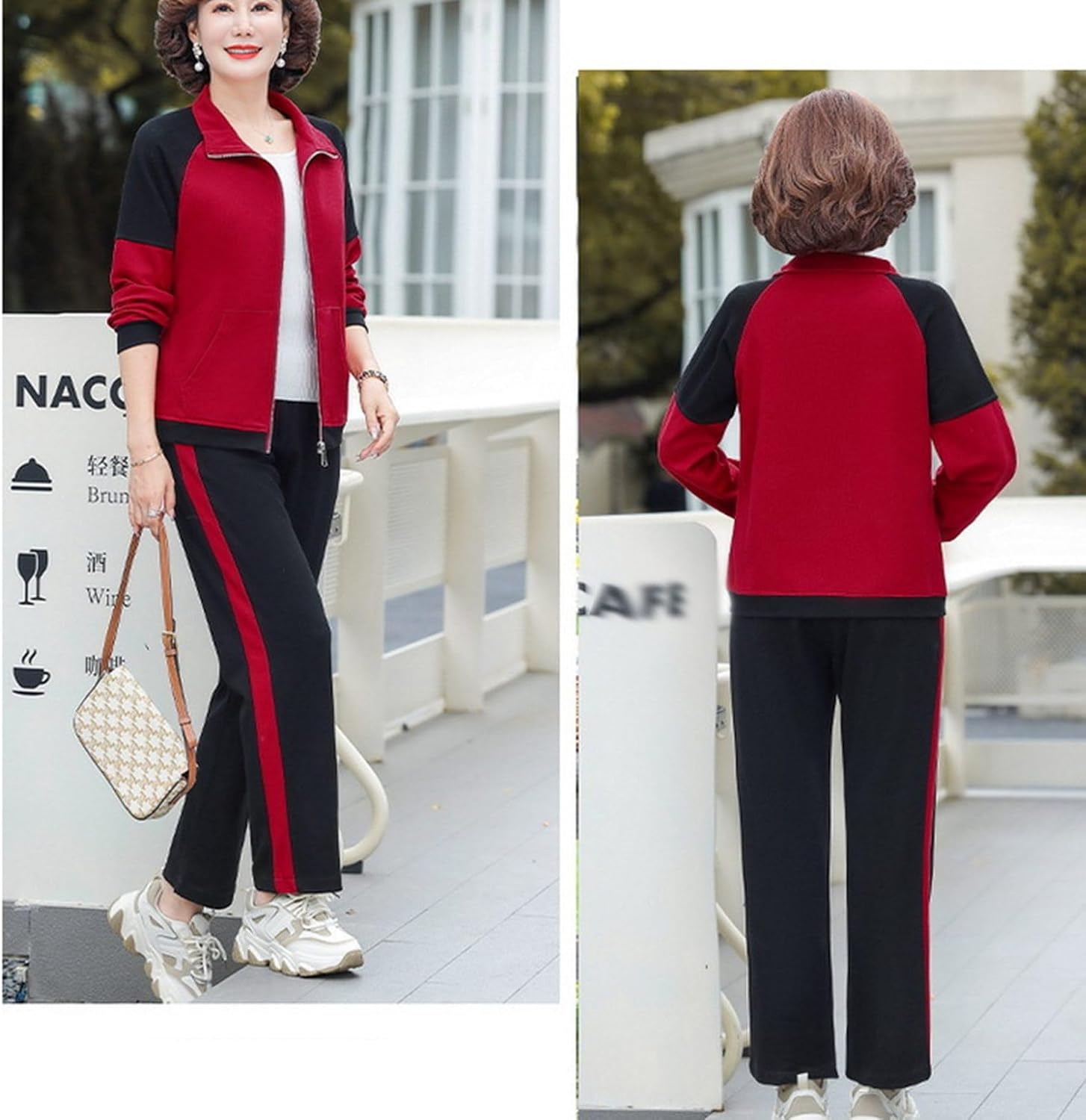 [WOOYOO] 中高年 上下セット ジャージ ロングパンツ 春秋服 レディース 切り替え 折り襟 ジップアップ 大きいサイズ 長袖