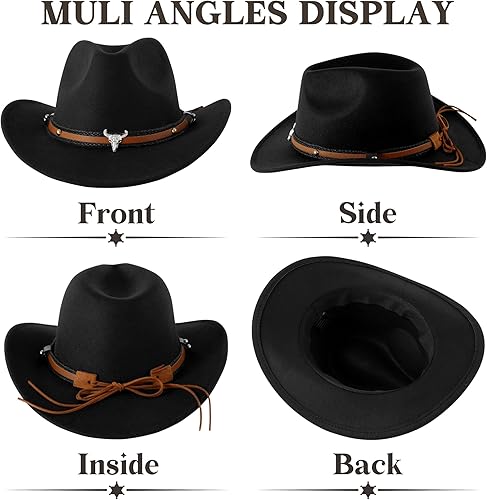 Miniatura 6 de DOCILA Sombrero de vaquero occidental unisex de piel sintética de fieltro americano, sombrero de ala ancha para exteriores con correa