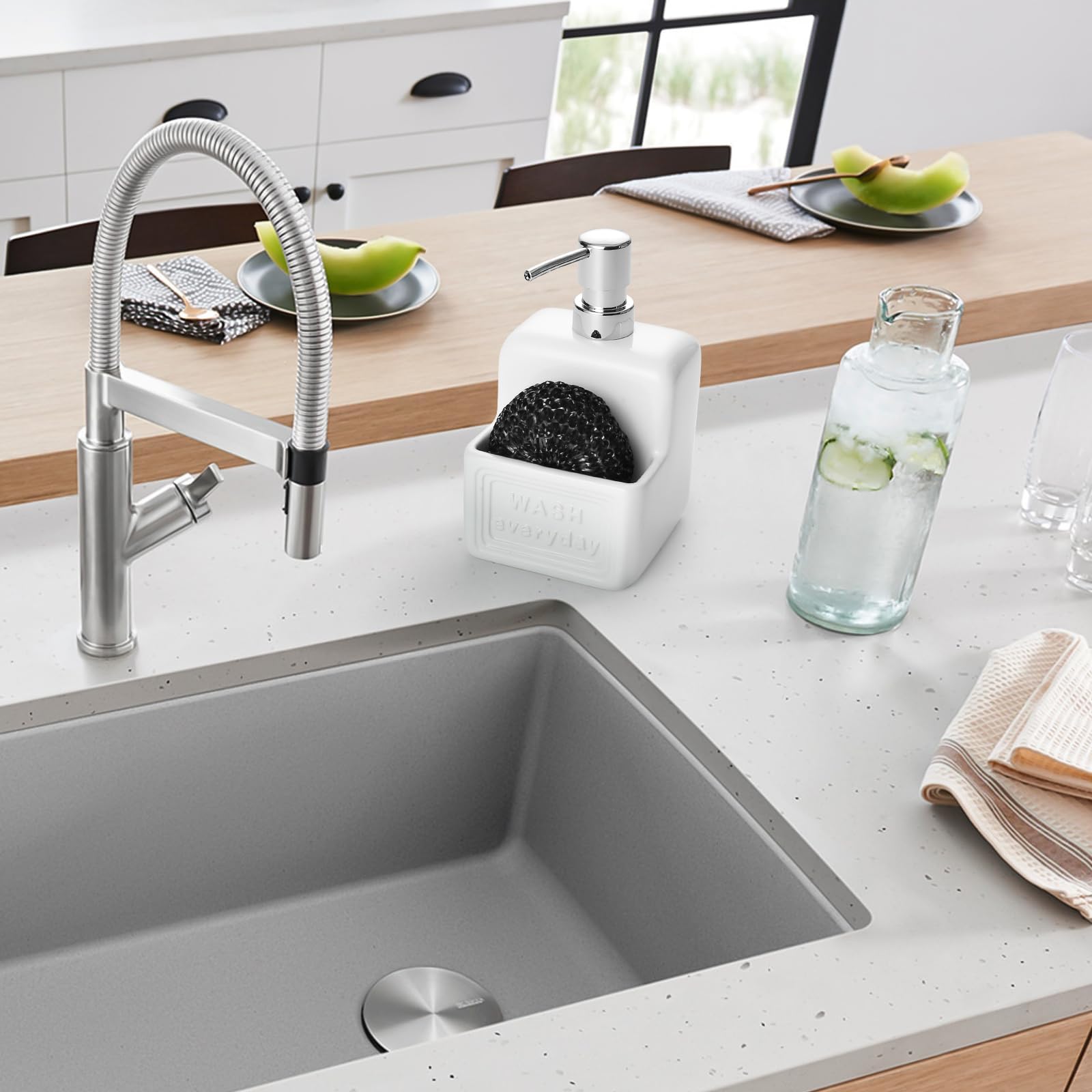 Dispensador de jabón de cerámica con Soporte para Esponja, dispensador de jabón líquido, 420 ml, dispensador de jabón con Bomba para el Cuarto de baño, la Cocina y el lavadero