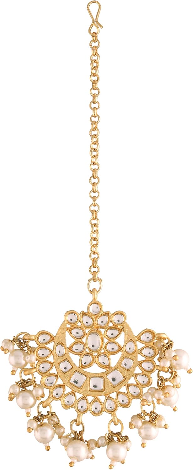I Jewels Gold Plated Ethnic Matte Finish Traditional Kundan Studded Maang Tikka with Pearls for Women