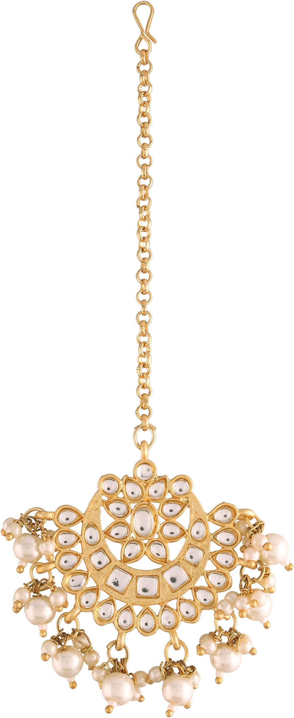 18K Gold Plated Ethnic Matte Finish Traditional Kundan Studded Maang Tikka With Pearls For Women/Girls (T2861)