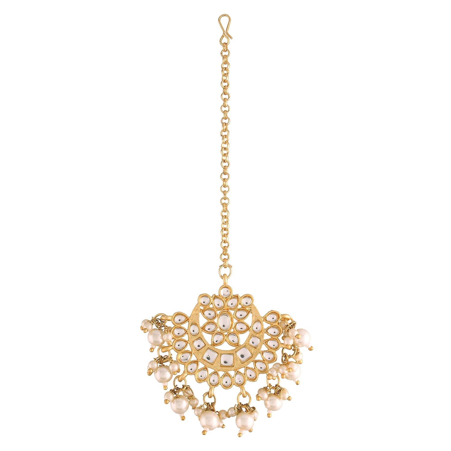 I Jewels 18K Gold Plated Ethnic Matte Finish Traditional Kundan Studded Maang Tikka With Pearls For Women/Girls (T2861)