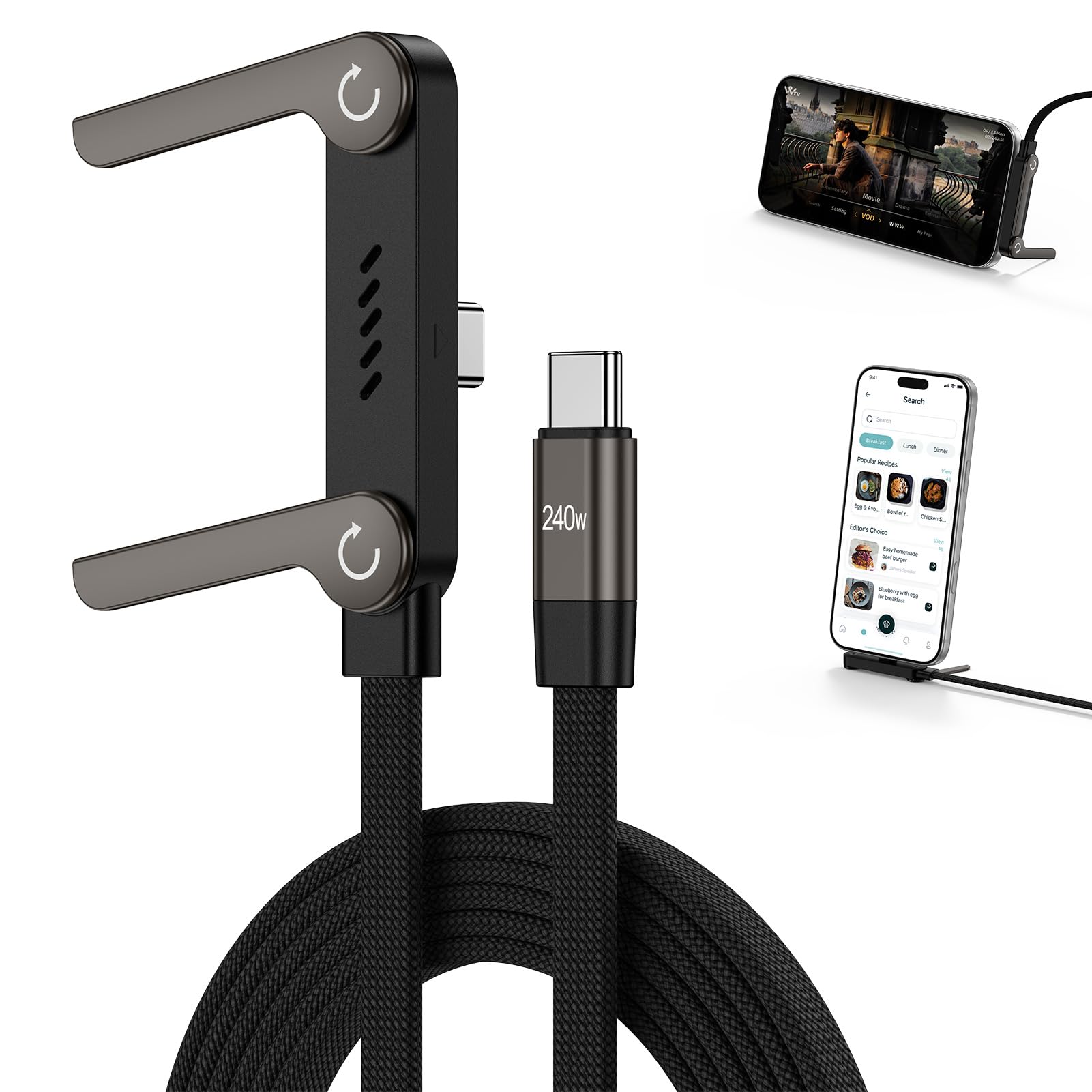 Cavo di ricarica invisibile da 240 W da USB C a USB C, cavo di ricarica rapida ad angolo retto da 1,5 m, con supporto per telefono integrato, cavo USBC piatto per Samsung S26 Ultra S25 A17 S24, iPhone
