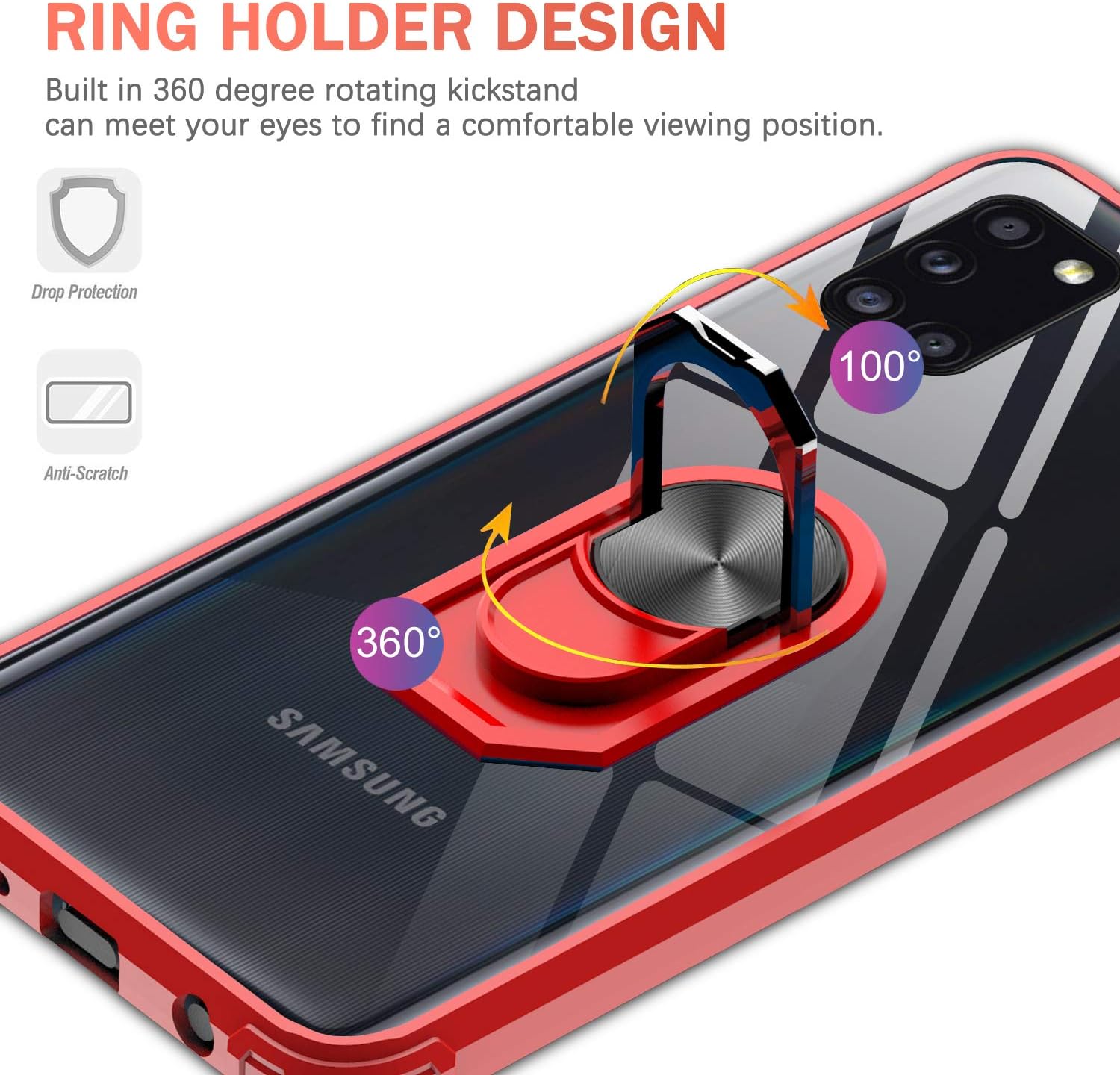 LeYi Samsung Galaxy A31 Case with [2 Pack] Tempered Glass Screen Protector, [Military-Grade] Clear Crystal Shockproof Phone Case with Magnetic Car Ring Kickstand for Samsung A31, Red