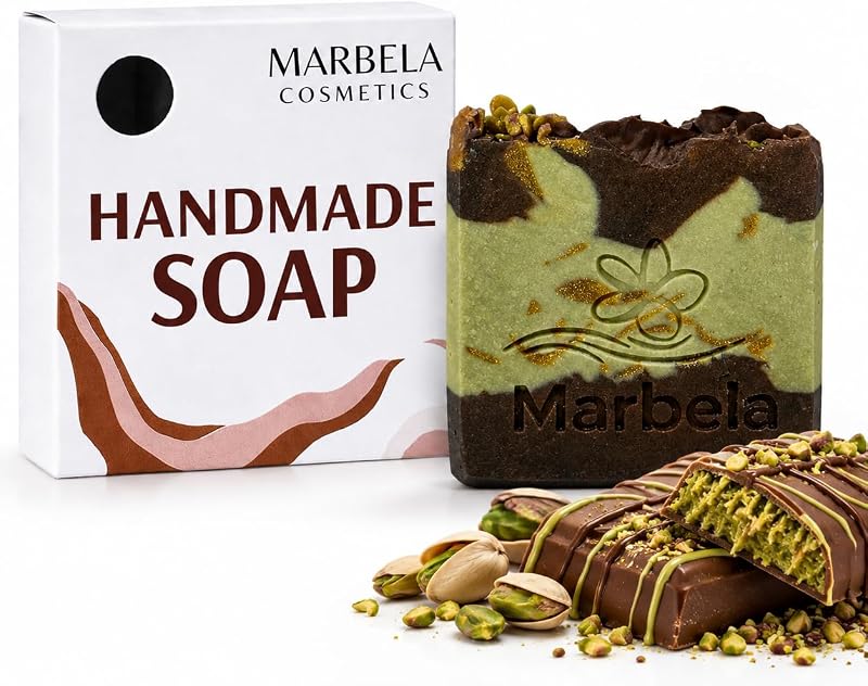 Sabonete artesanal em barra Marbela Dubai Chocolate, sem óleo de palma