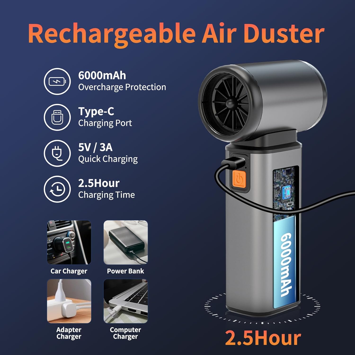 Compressed Air Duster, Stepless Speed Electric Air Duster, Metal Shell Air Blower with Brushless Motor, 120000 RPM Keyboard Cleaner Replaces Canned Air for Outdoors, Car, Home Cleaning - Image 6