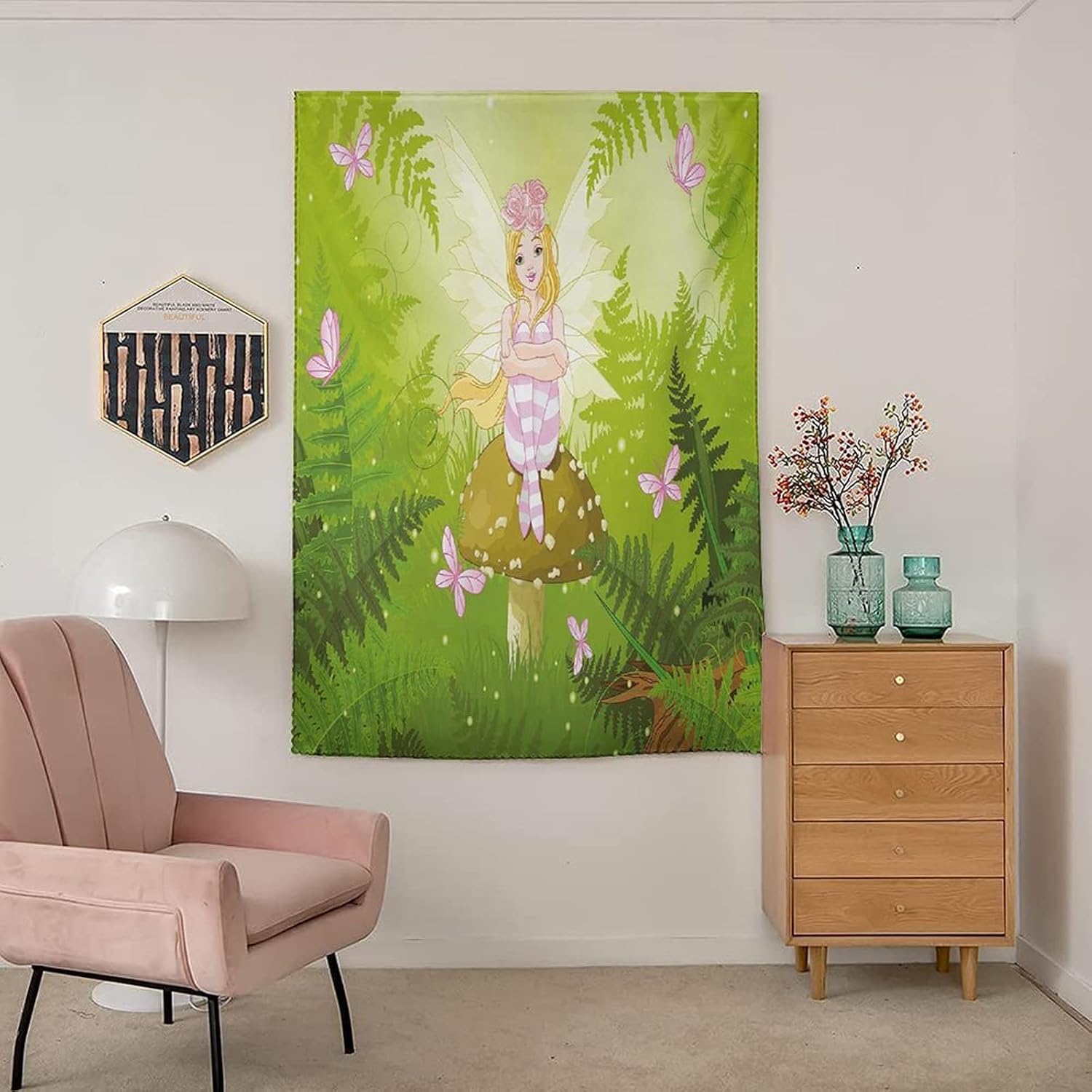 XISUNYA Autohesion Curtains, Nursery Window Curtain Panel, Magic Fairy Girl with Floral Hairstyle Print Thermal Lnsulated Room Darkening Small Drapes,59W x72L Inches, for Kitchen Bathroom Living Room