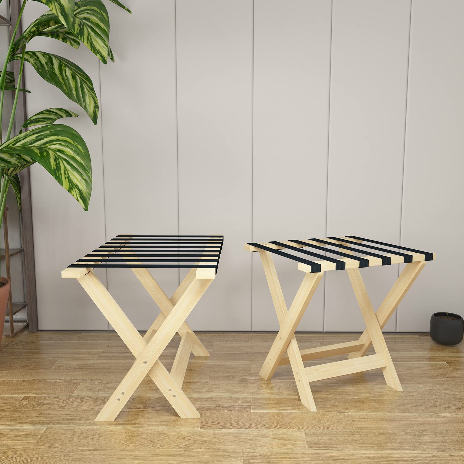 Modernes, Einfaches, Zusammenklappbares Kofferregal Aus Massivholz Mit 8 Schwarzen Riemen, Alet-Ständer Für Zuhause Und Hotel, A60 X 40 X 50 cm