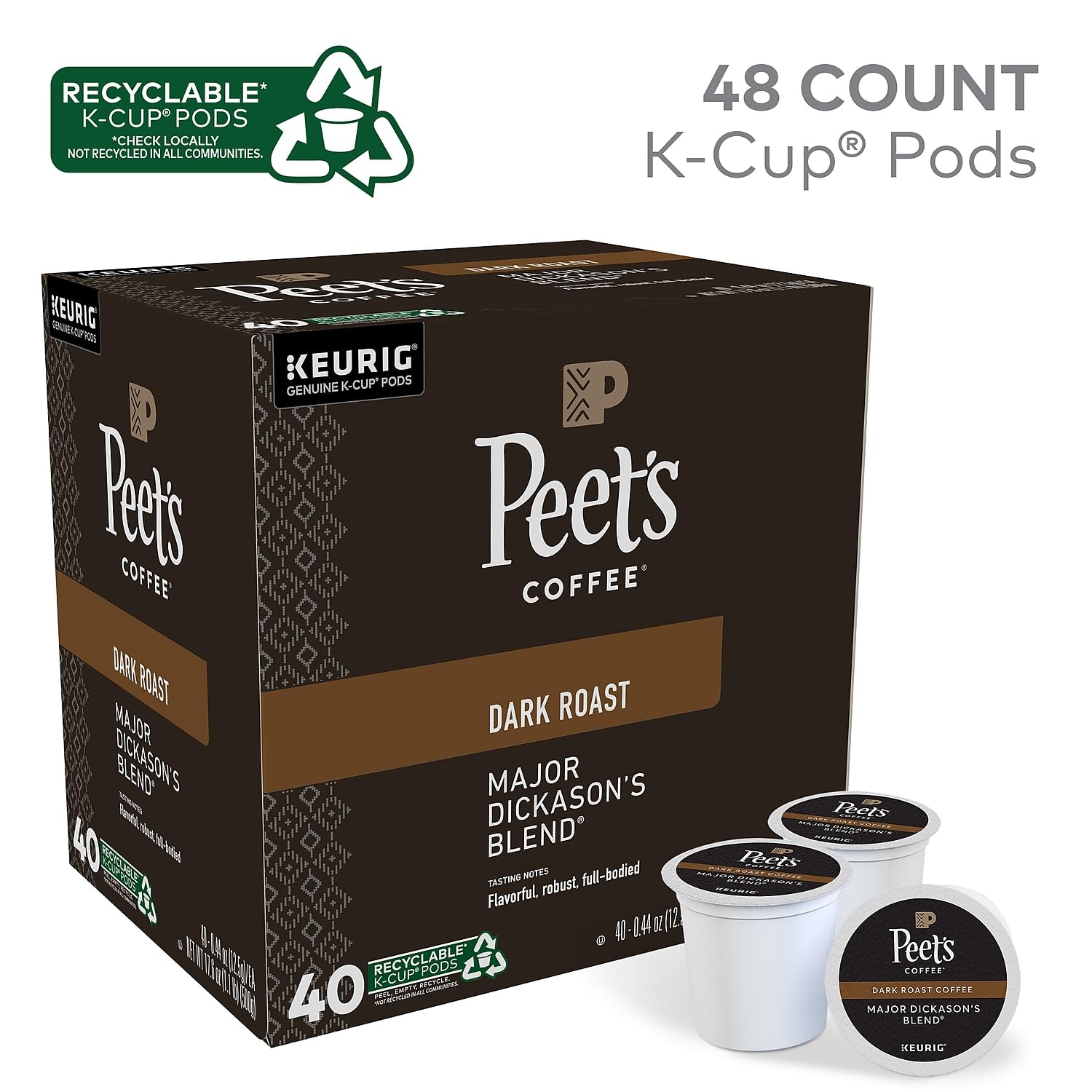 Peet's Coffee Major Dickason's Blend Coffee K-Cup Pods, Box Of 40