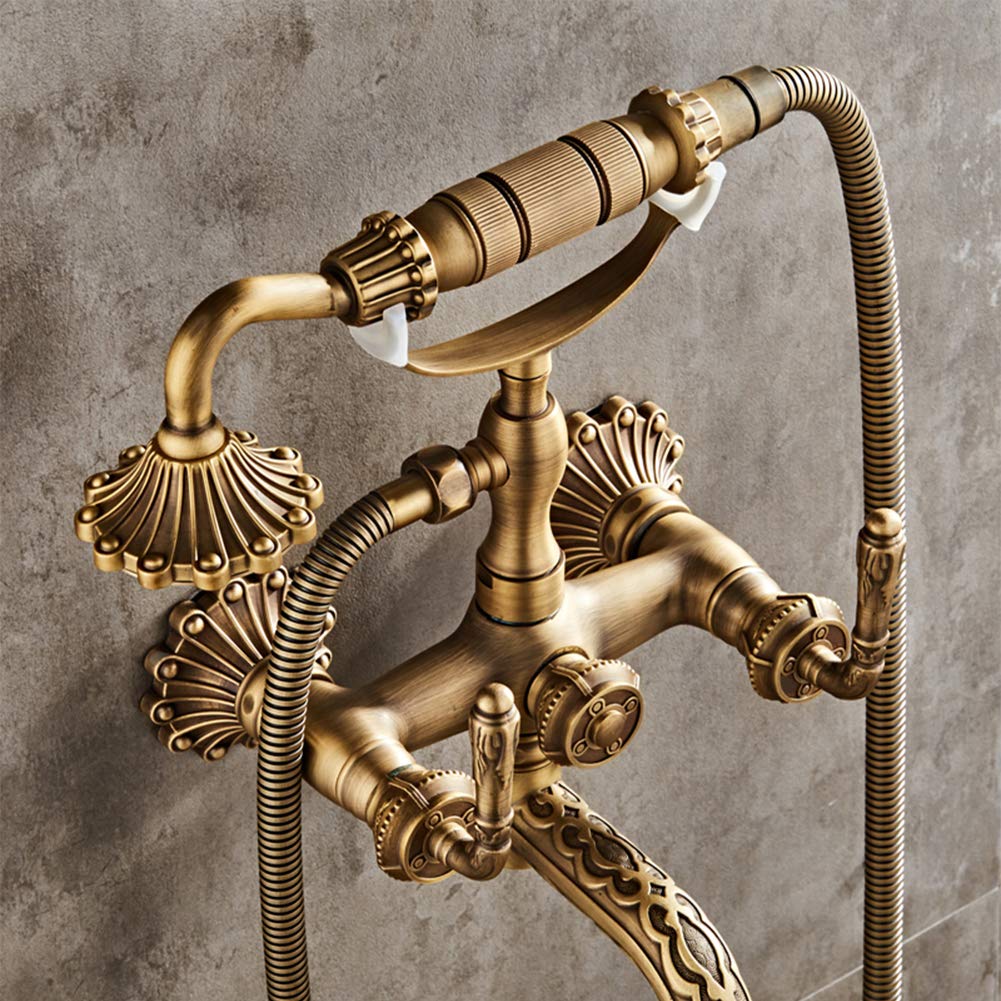 Stylowy mosiężny zestaw kranów wannowych z prysznicem ręcznym - wąż 1,5 m, retro kran z dwoma uchwytami, zawiera uchwyt prysznicowy - idealny do eleganckiej łazienki