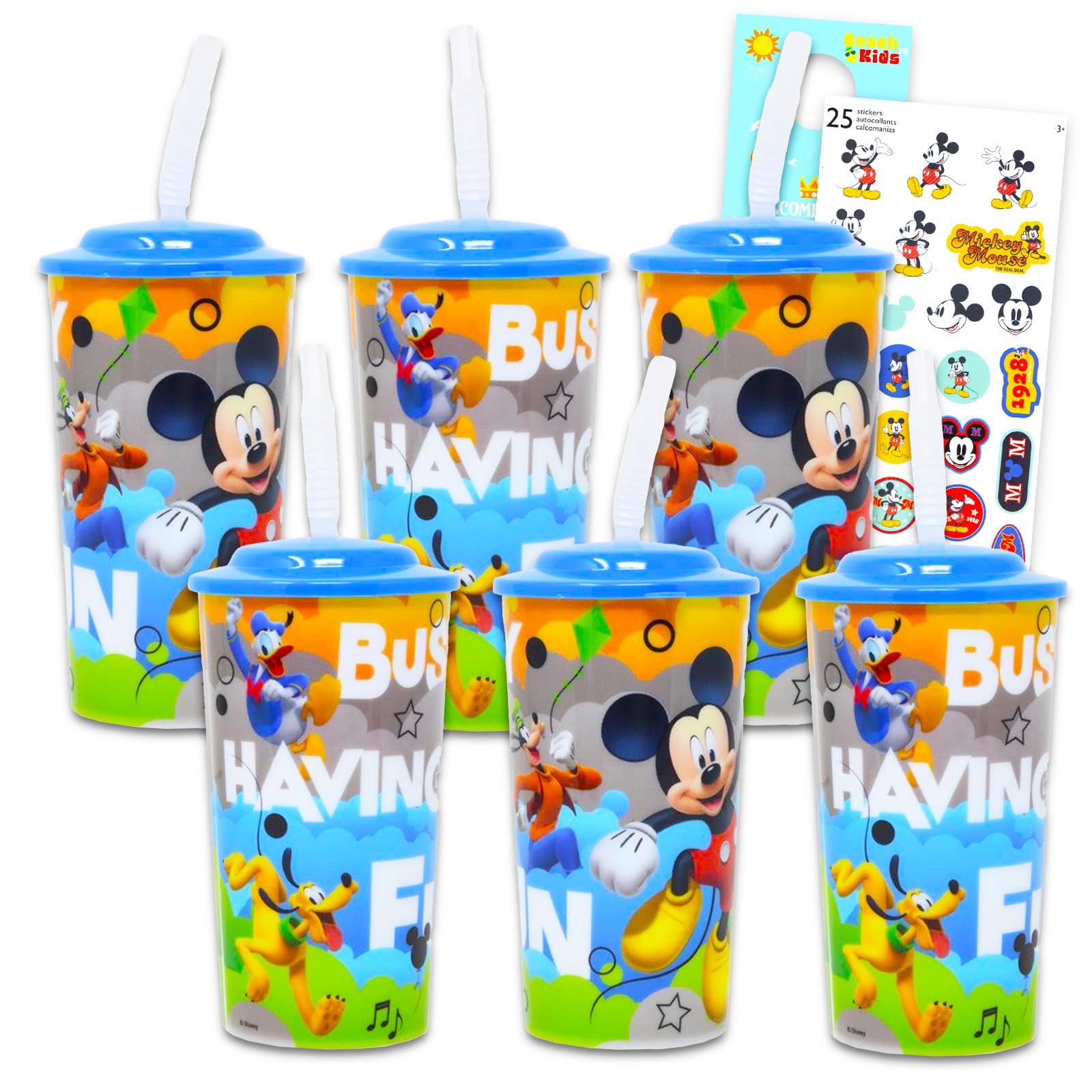 Disney Mickey Mouse Sippy Cup Set - 6 Pack Mickey Tumbler with Straw Bundle With Mickey Stickers and More (Mickey Cup for Toddlers Kids Adults)