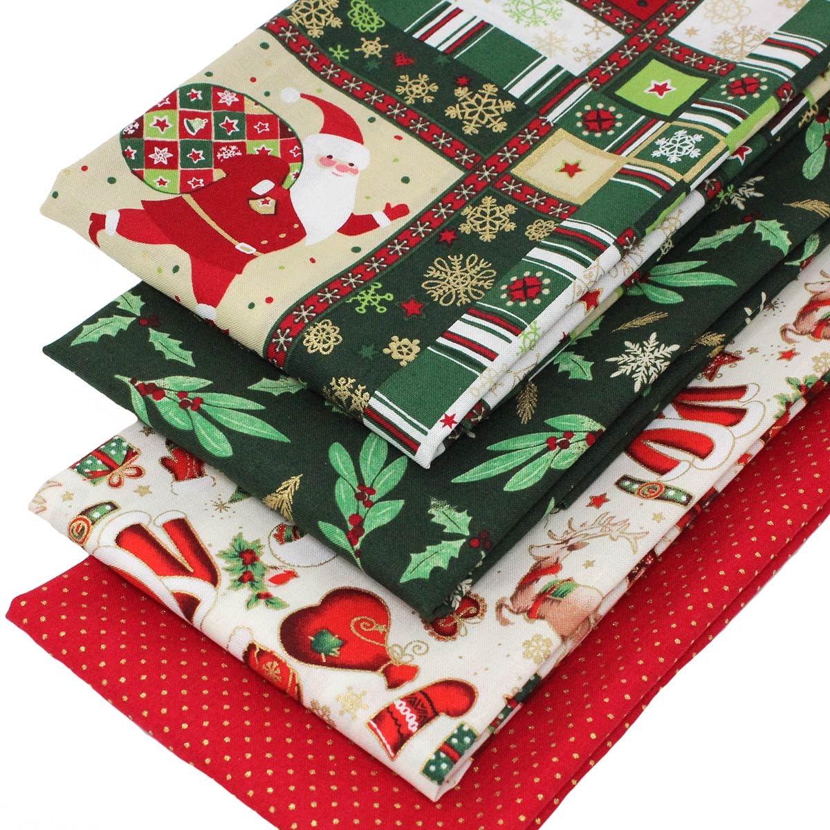 4 Fat Quarters Bundle - 'Christmas Classics' – Featuring The Jolly Santa Claus & Nostalgic Xmas Fabric. 100% Cotton for Quilting, Patchwork & Crafting (with free patchwork pattern by Overdale Fabrics)
